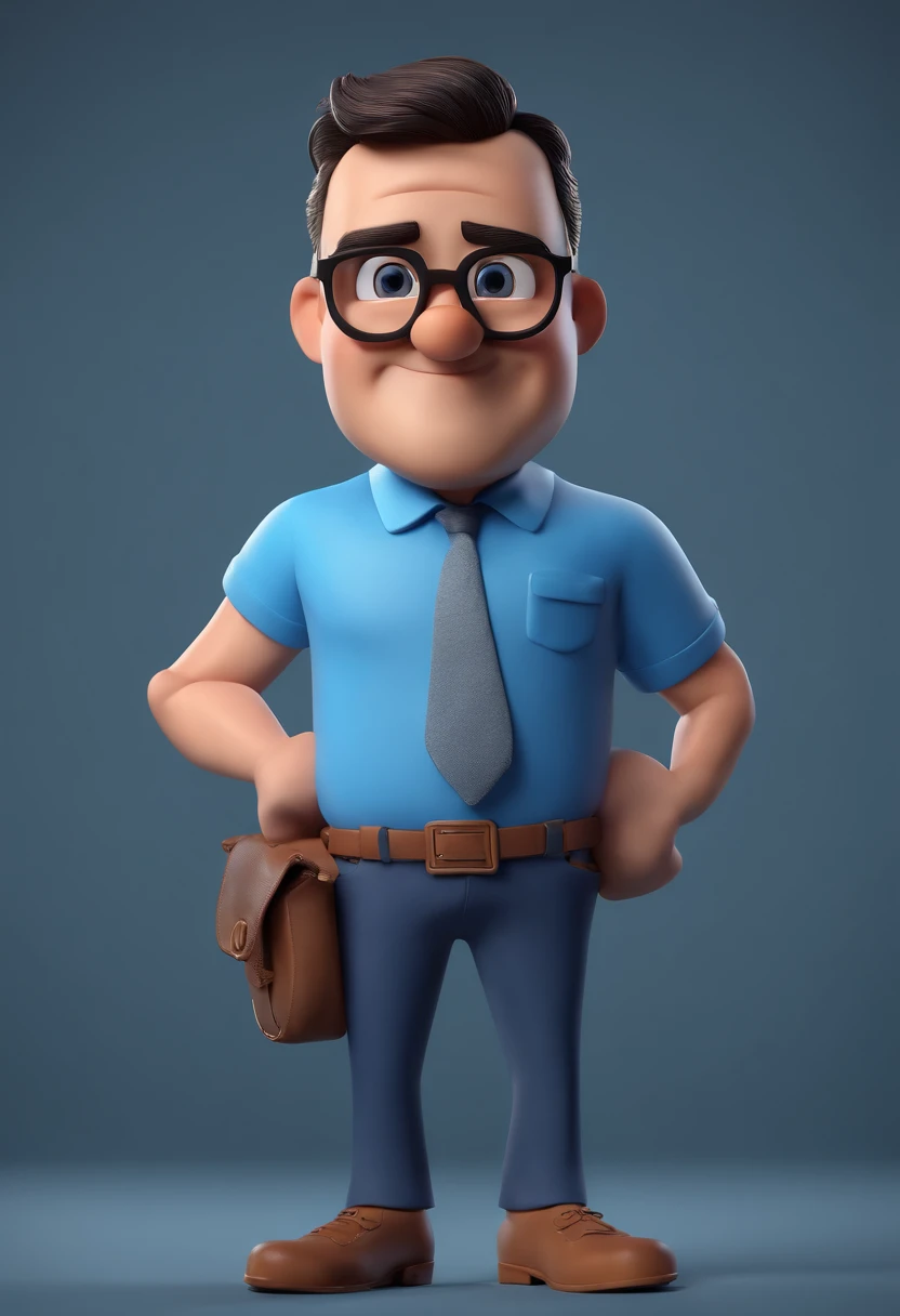 Cartoon character of a man with black glasses and a blue shirt, animation character, Caractere estilizado, animation style rendering, 3D estilizado, Arnold Maya render, 3 d render stylized, toon render keyshot, Personagem 3D, Personagem 3D, 3d rendering stylized, 3 d character render, personagem de desenho animado, Personagem de close up, Pose de personagem,  (Estilo Pixar) (master part:1.2) (Bokeh) (best quality) (pele detalhada) (textura detalhada) (8k) (argila) (Cinematic lighting) (foco nítido