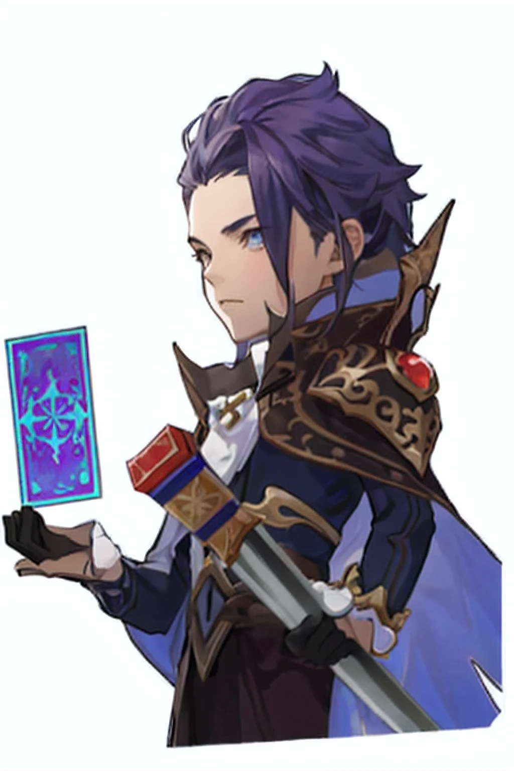 Close-up of a man holding a card with a sword, young shadow mage male, style of kieran yanner, ability image, arcane art style, casimir art, crisp clear rpg portrait, holding grimoire, picture of a male cleric, skinny male mage, cerulean, wearing dark purple armor, cobalt coloration, skinny male fantasy alchemist