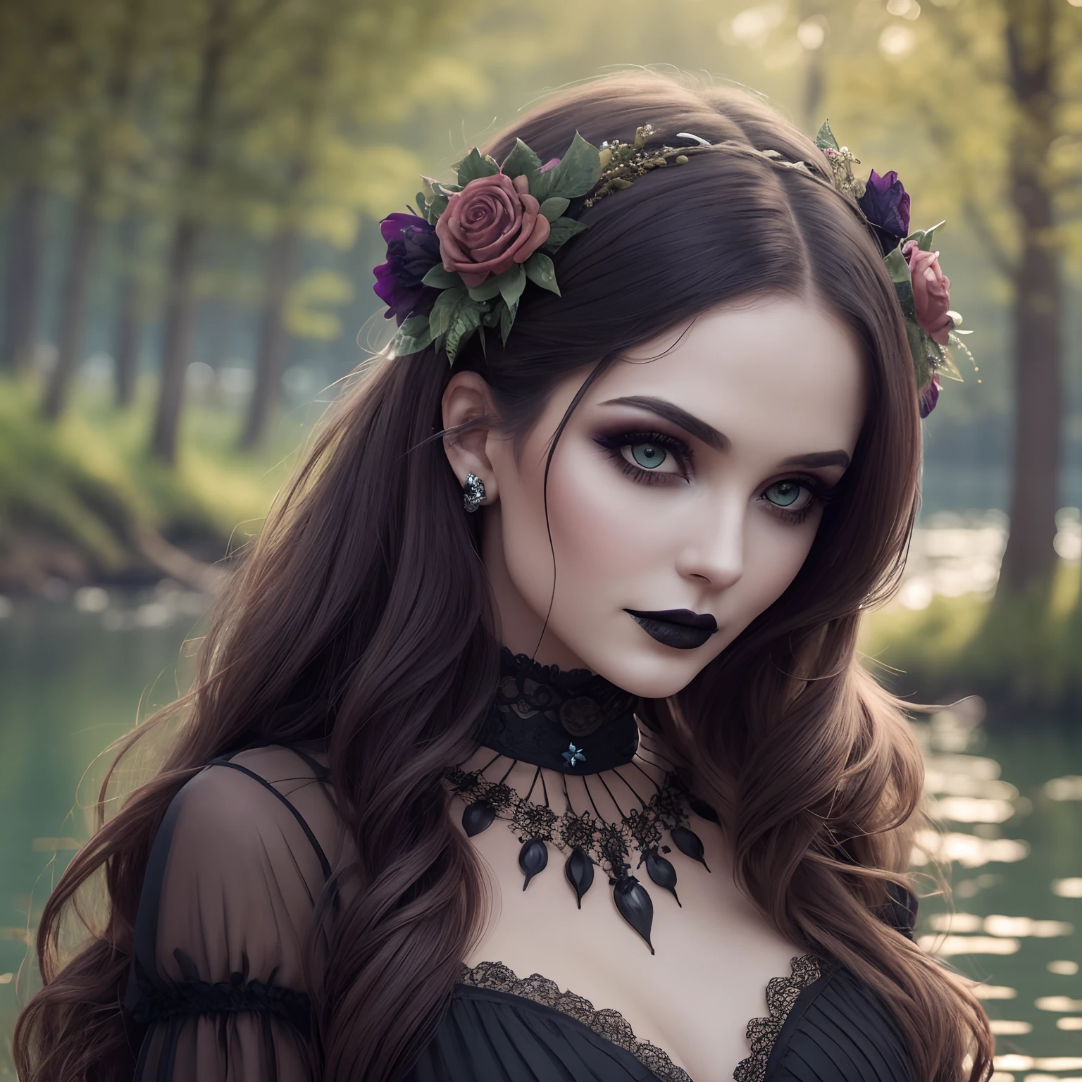 realistic, a photo of a beautiful gothic horror woman in a black lake, beautiful woman, cheerful face, hair ornament, unsettling horror, professional, (Extremely detailed: 1.2), glow effects, goddesses, intricate details, sharp focus, dramatic, photorealistic, tribal village, wooden village, burning forest background, sharp contrast, many colors, large breasts, neckline, princos and cord, Lipstick and Gothic makeup, Langerie with lace