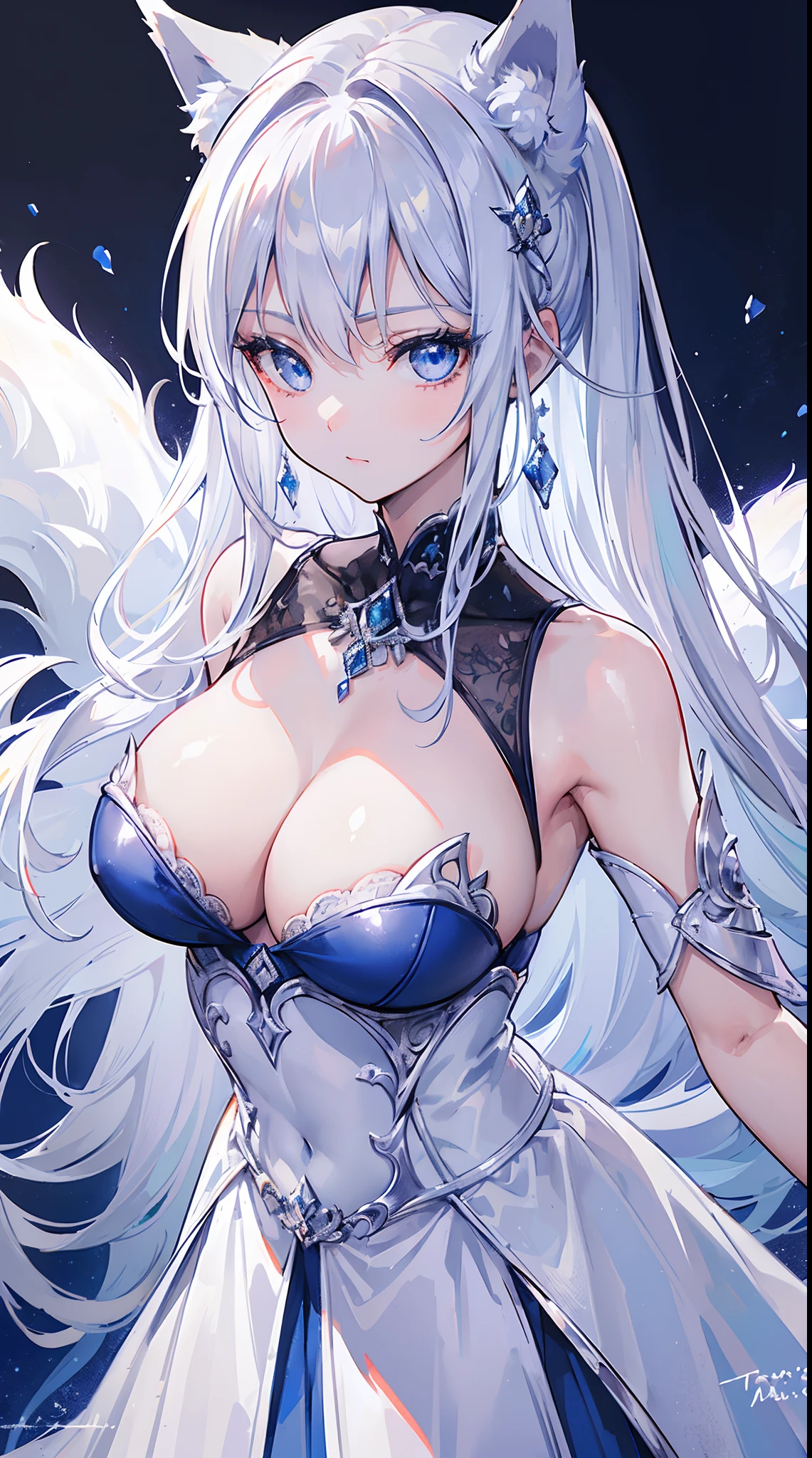 ((masterpiece:1.2)), ((highest quality)), Highly detailed and delicate illustration style, detailed skin texture, detailed cloth texture, extreme detailed description, (T-mastepiece), super fine illustration, highly detailed face, raw photo, professional, ultra-fine painting, Intricate details, super details, intricate ornament details, perfect anatomy, real, (A supremely beautiful and cool silver fox woman with blue eyes dressed as a fashion model), ((beautiful silver fox ears)), (beautiful silver fox tail), beautiful normal breasts, (beautiful and shiny silver hair), (Beautiful clear blue eyes), (detailed beautiful clear eyes:1.6), ((Highly detailed and delicate fashion brand clothes for fall or winter)), Smile, ((model walk)), ((looking at me)), ((daytime)), (Highly detailed and beautiful Paris Collection special venue), (8K highest quality wallpaper), (Highly detailed and delicate background)