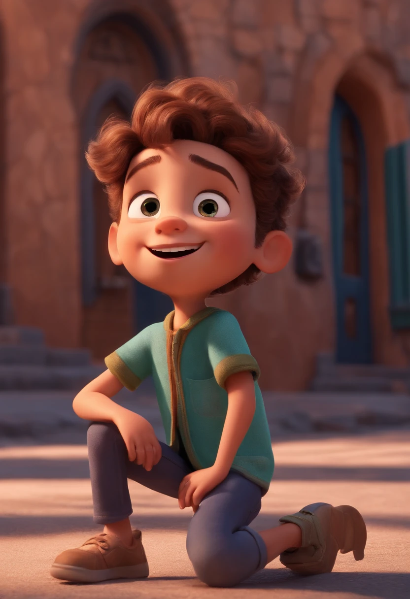 Image of a boy for a story in a YouTube video in Pixar format, He's the little allabester, He's the class leader, He's outgoing, Playful and gets up for a lot of things, cabelo curto