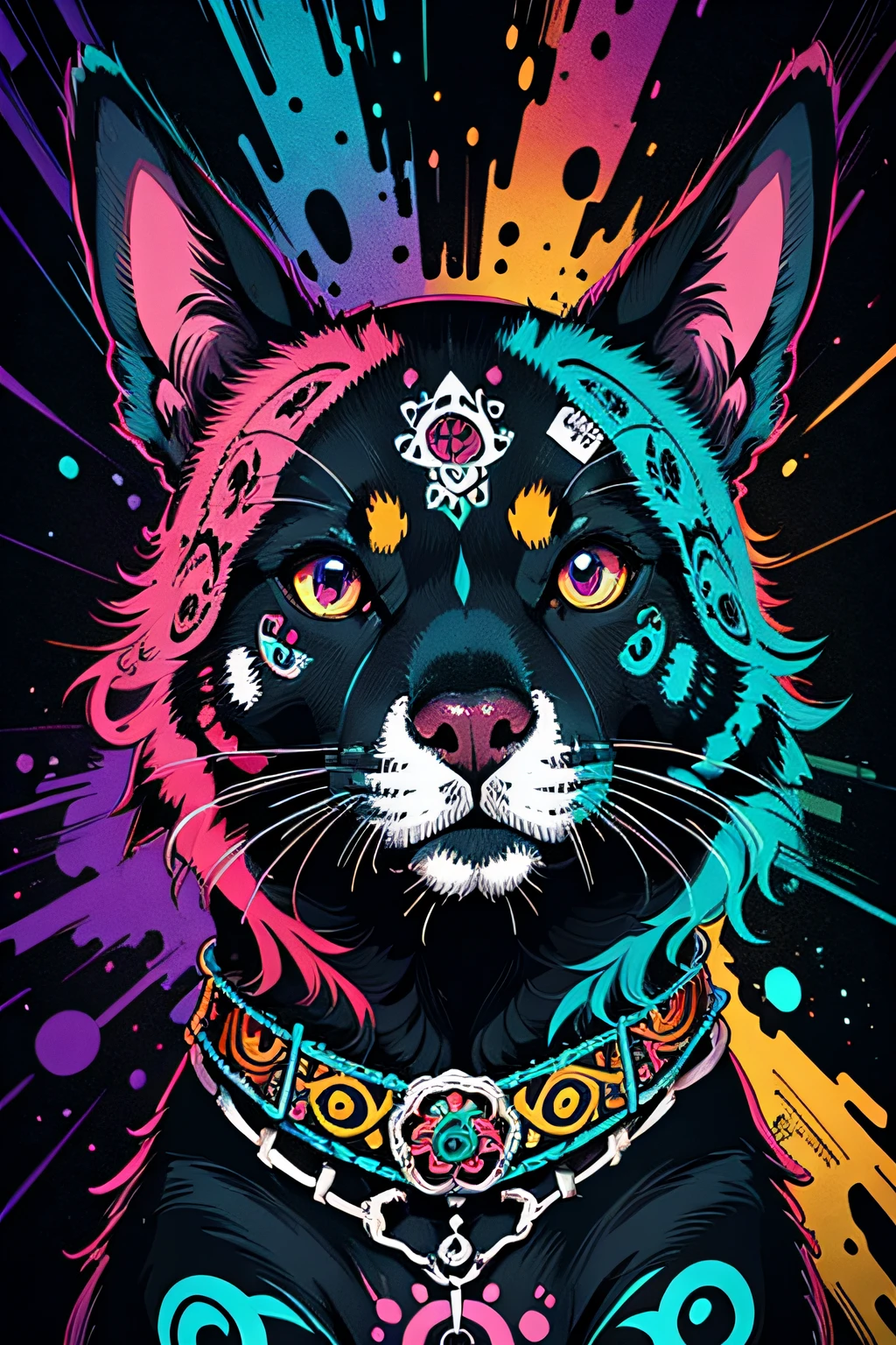 in a psychedelic style a representation of the Day of the Dead on a dog face, magnificent and detailed. Lots of texture and an explosion of multiple colored powder in the background