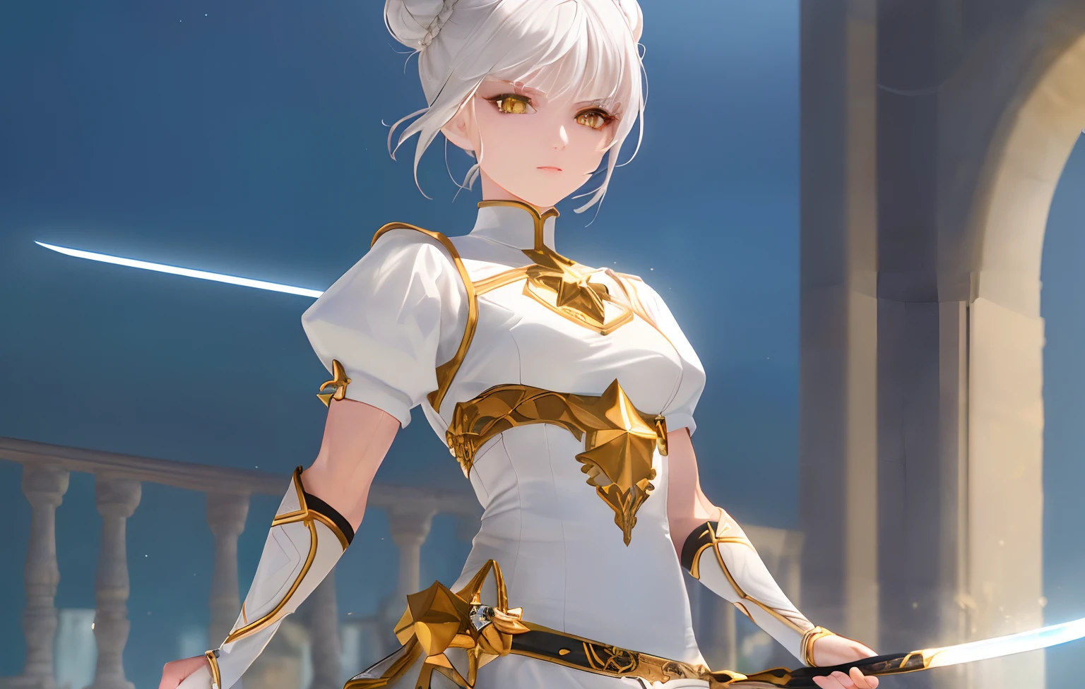 (Best quality, 8k, 32k, perfect body, ultra detailed face, , detailed eyes, ((masterpiece)), highres, Muscular woman, White hair, Yellow eyes, tall body, Small face, Short hair, Side buns, Fantasy outfit, Neutral Expression, Solo, Star Eyes, Holding blade, Standing