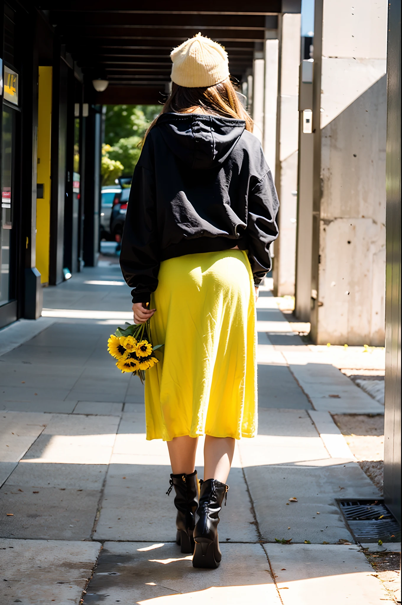 Shopping bag in one hand、Long skirt in light green、soio、Best Quality,hight resolution、,Depiction of the Shadows、Black boots,Soft lighting,Yellow oversized hoodie,Wear a hoodie on your head、Distract your gaze,Rear view、Holding a large bouquet of flowers in one hand,Young European beauties, Yellow-toned outfit,Black backpack、