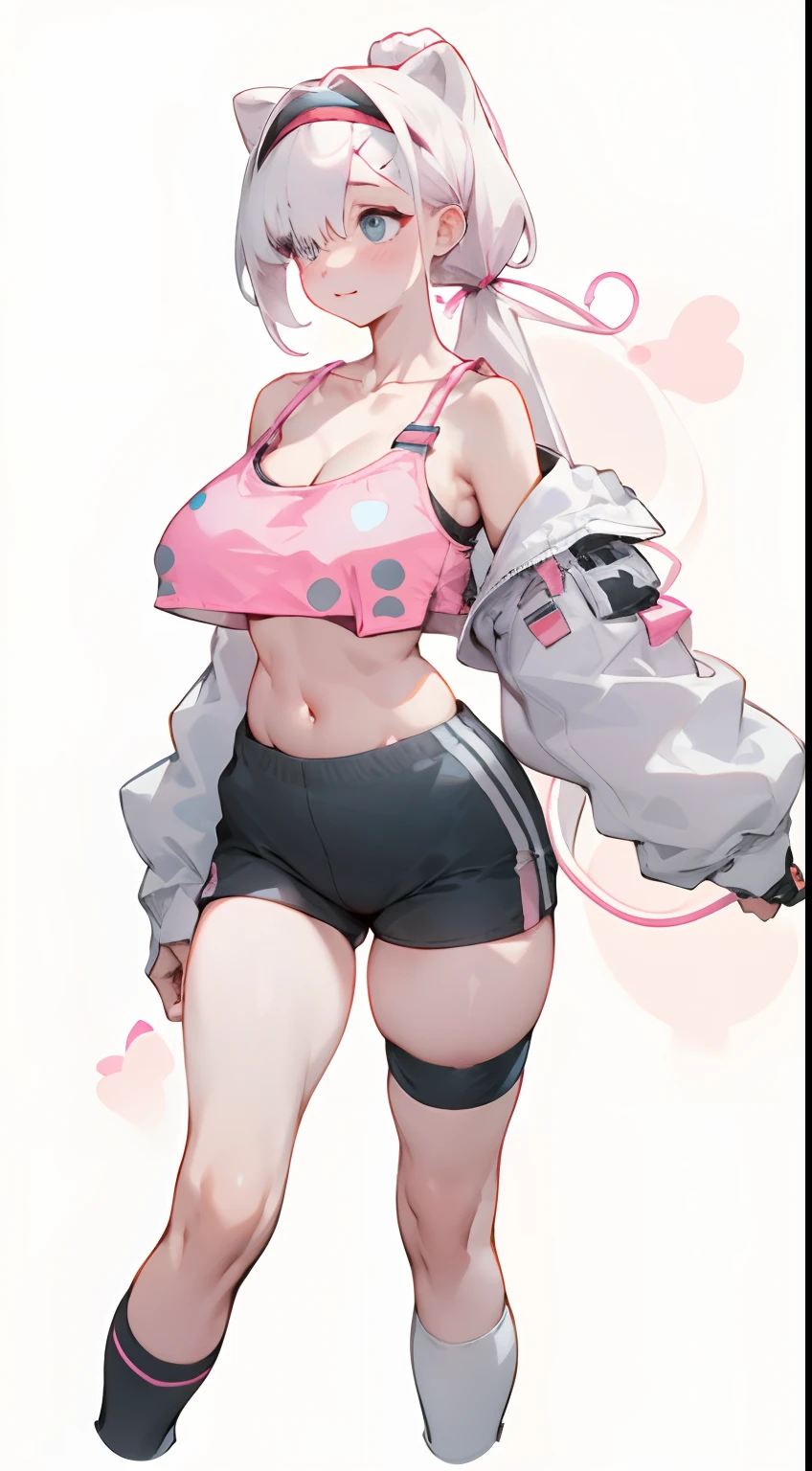 Bigboobs,Pink dots on the chest,cropped shoulders,White color hair,High ponytail,Stand up,sporty attire,camisole,Leakage out of the collarbone,Neck leakage,knee length socks,