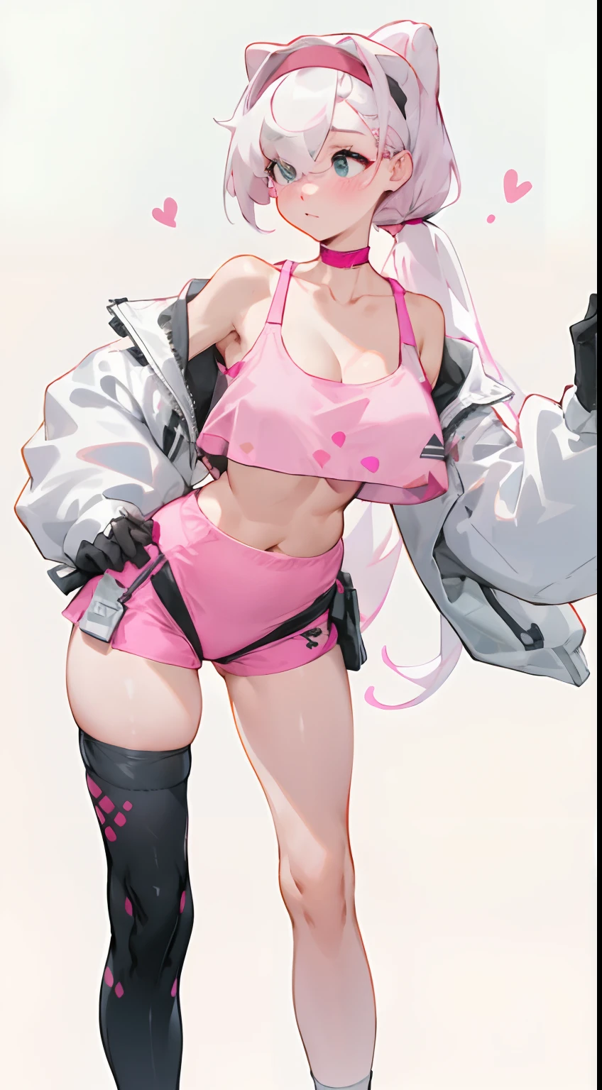 Bigboobs，Pink dots on the chest，cropped shoulders，White color hair，High ponytail，Stand up，sporty attire，camisole，Leakage out of the collarbone，Neck leakage，knee length socks，