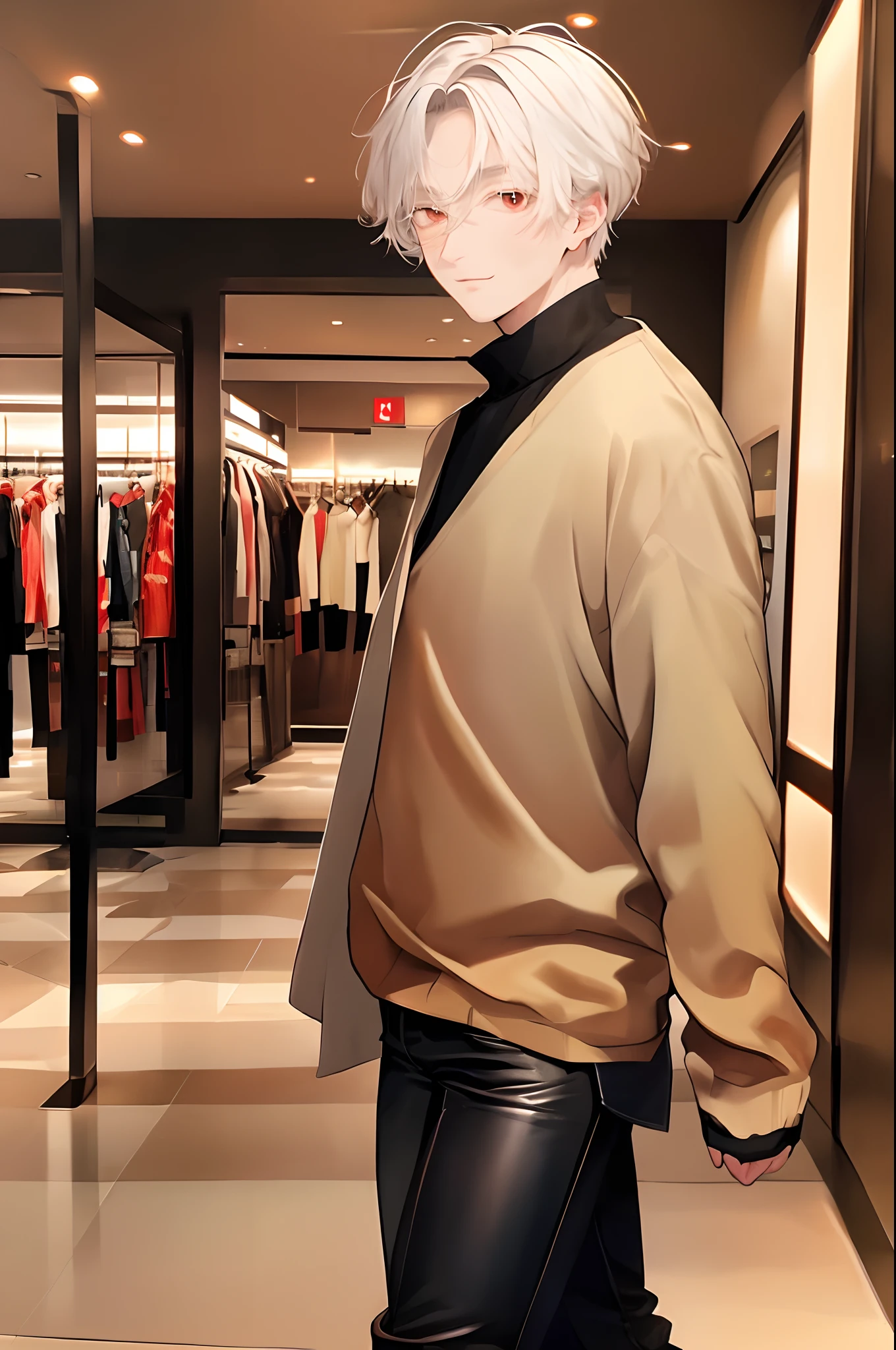 (4K works))、masterpiece、(top-quality)、((In front of the department store))、Korean Male、Adult male、((Adult 50 years old))、((Adult uncle type))、((Leather Jeans Style))、((Face similar to Hyunjin))、Cool Men、tall、((Gentle face))、((Cool werewolf fashion in black))、((Long sleeve long trouser style))、((Smaller face))、Slim body、((Uncle))、((white hair))、((white short-haired))、((Red Eyes))、((shot from front))、((Shot alone))、((Solo Photography))、Professional Photos、((Reach out to your audience))、((He walks in front of the viewer))、((dad bod))、