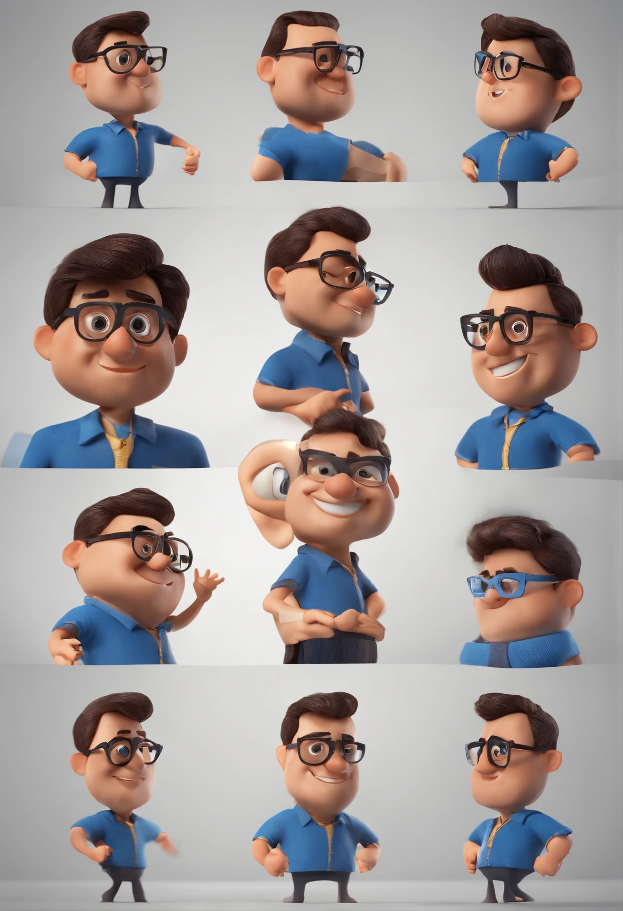 Cartoon character of a man with black glasses and a blue shirt, animation character, Caractere estilizado, animation style rendering, 3D estilizado, Arnold Maya render, 3 d render stylized, toon render keyshot, Personagem 3D, Personagem 3D, 3d rendering stylized, 3 d character render, personagem de desenho animado, Personagem de close up, Pose de personagem, (Estilo Pixar) (master part:1.2) (Bokeh) (best quality) (pele detalhada) (textura detalhada) (8k) (argila) (Cinematic lighting) (foco nítido