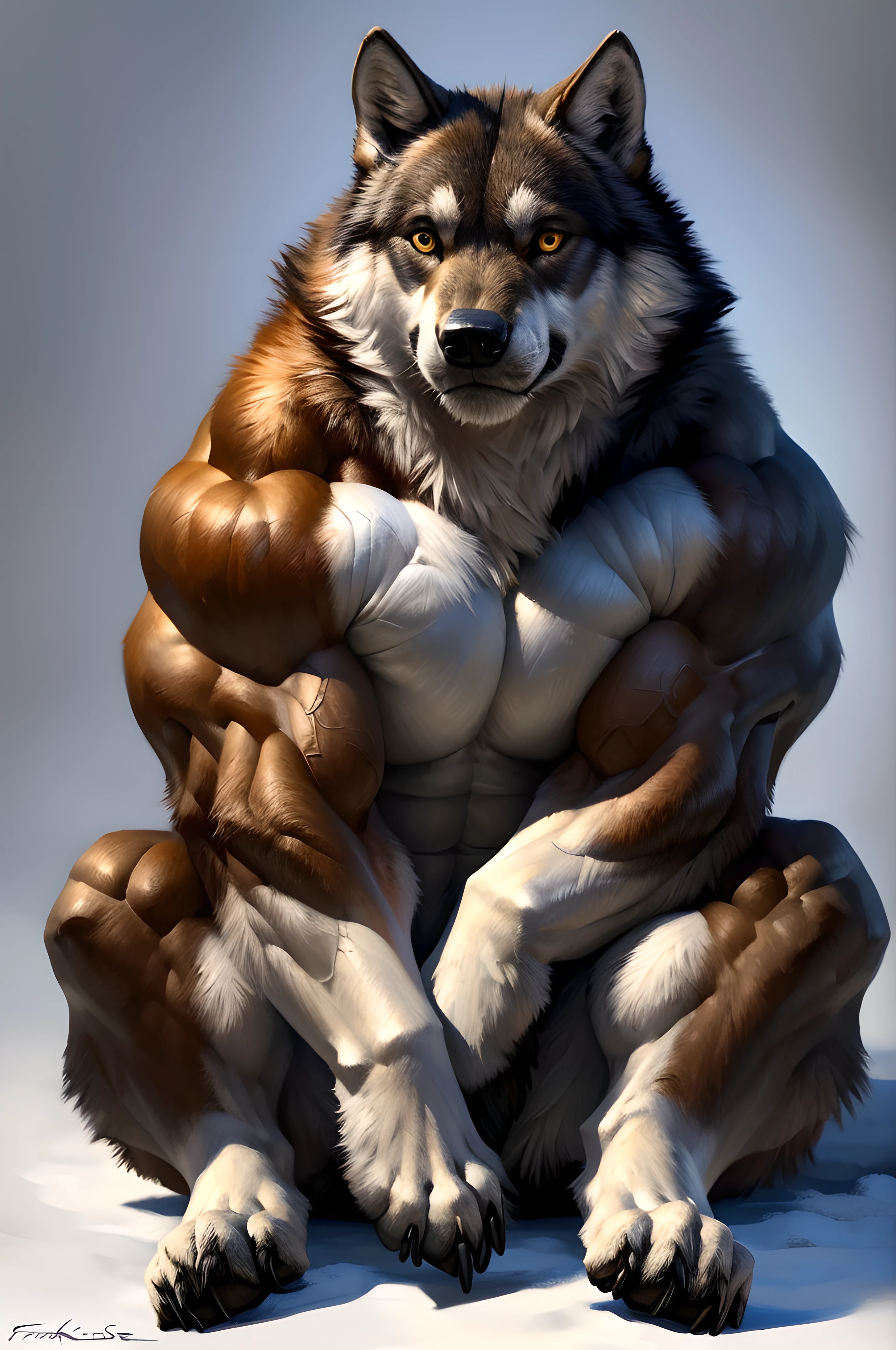 muscular feral wolf posing for the camera, 4k, high resolution, best quality, perfect colors, perfect shadows, perfect lighting, posted on e621, furry body, (feral, feral body, feral wolf, quadruped wolf, forelegs:1.25), paws, wolf, solo, male, adult, masculine, (very muscular feral, buff feral, biceps, triceps, heavyweight, thick build, defined muscles:1.3), (pectorals, large pecs, strong chest:1.3), correct anatomy, (photorealistic fur, detailed fur, epic, masterpiece:1.2), (white background, snow:1.1), (by Taran Fiddler), (by echin:0.5), (detailed eyes:1.2), impressive physique, serious eyes, strong chest, (shiny muscles:1.1), short fur, veins, tight muscles, majestic, (sitting down, front view, facing the camera:1.3), looking at camera, forepaws close to each other, hindlegs, hindpaws