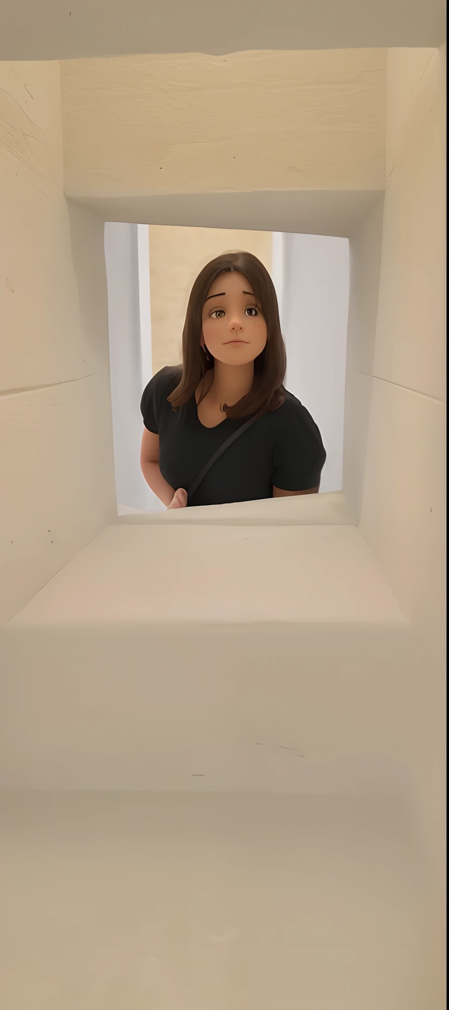 There's a woman who's looking through a hole in the wall, inspirado em Leandro Erlich, ficou em uma cela, in a claustrophobic, in a small prison cell, in a prison cell, inspirado em Rachel Whiteread, imagem de perfil, standing in corner of room, stood in a tunnel, staring directly at camera, foto de perfil