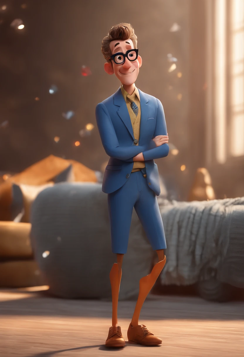 Cartoon character of a man with black glasses and a blue shirt, animation character, Caractere estilizado, animation style rendering, 3D estilizado, Arnold Maya render, 3 d render stylized, toon render keyshot, Personagem 3D, Personagem 3D, 3d rendering stylized, 3 d character render, personagem de desenho animado, Personagem de close up, Pose de personagem, (Estilo Pixar) (master part:1.2) (Bokeh) (best quality) (pele detalhada) (textura detalhada) (8k) (argila) (Cinematic lighting) (foco nítido
