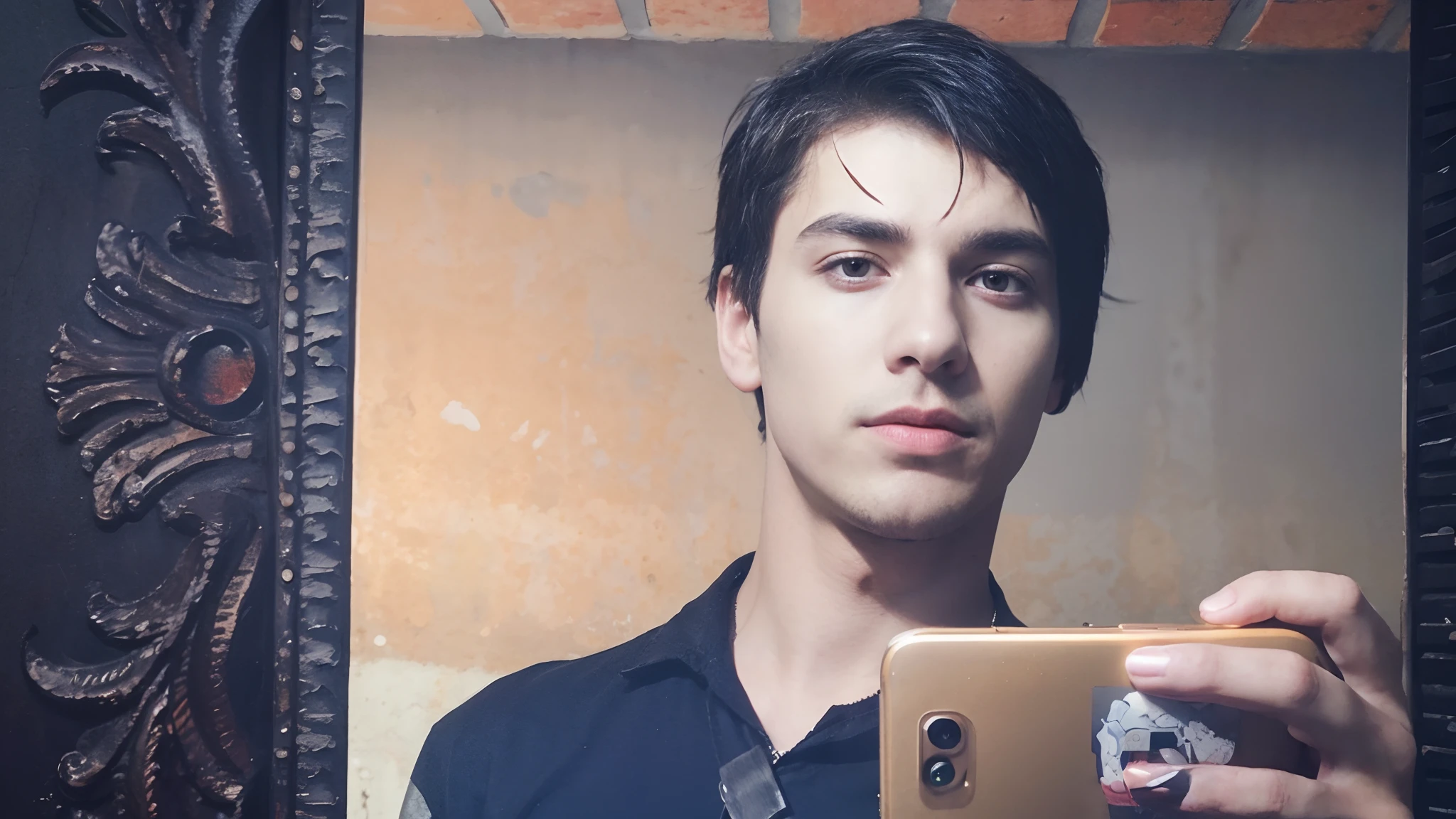 Edgy young man with short black messy hair, black assassin outfit with dark red accent, holding iPhone mobile