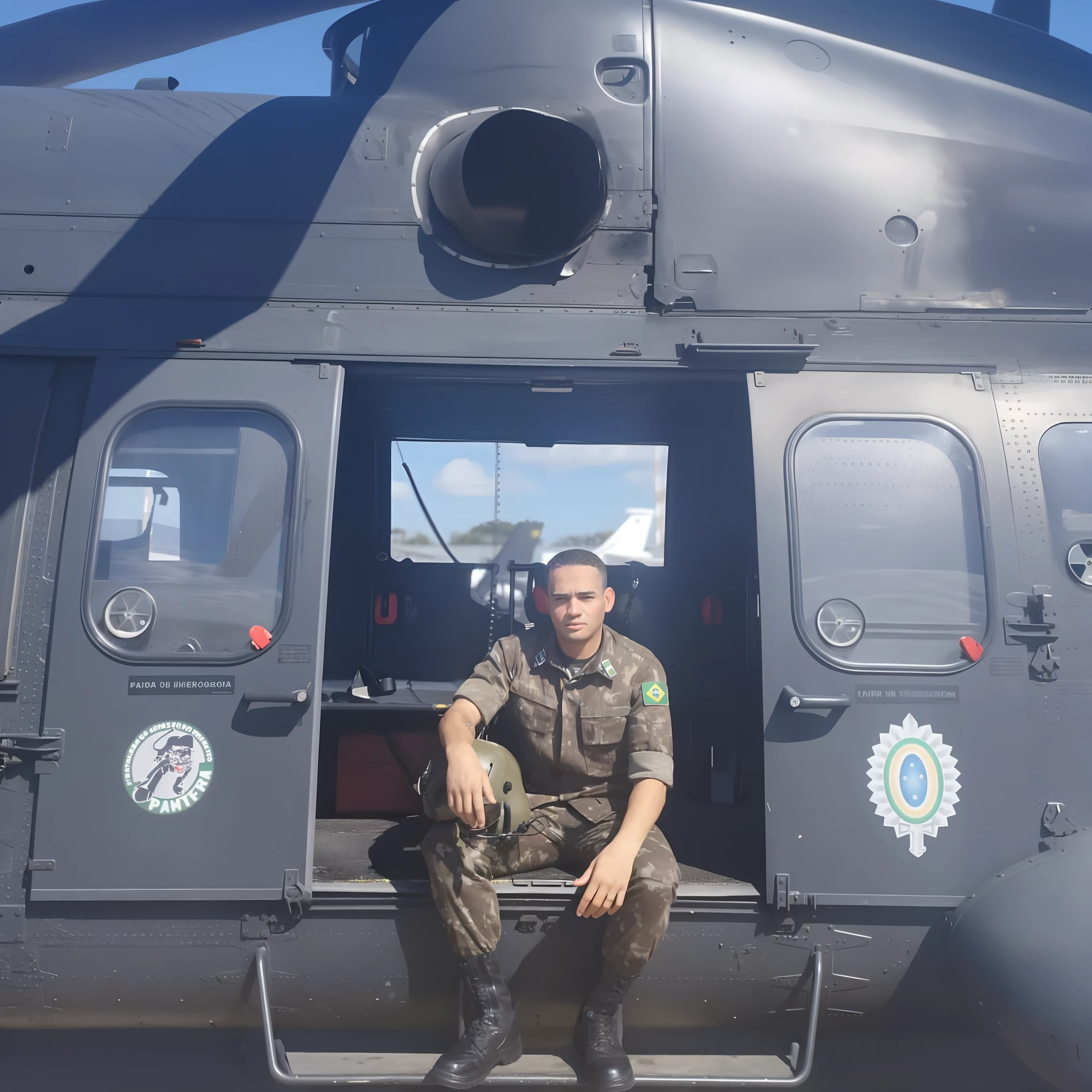 Man sitting in the doorway of a helicopter with a dog, icaro carvalho, em pilotos, Foto de perfil, album photo, mateus 9 5, saâdane afif, army, Caroline Gariba, imagem de perfil, me, foto de perfil, resting after a hard mission, Amanda Clarke, Valentina Embaralhamento, david rios ferreira
