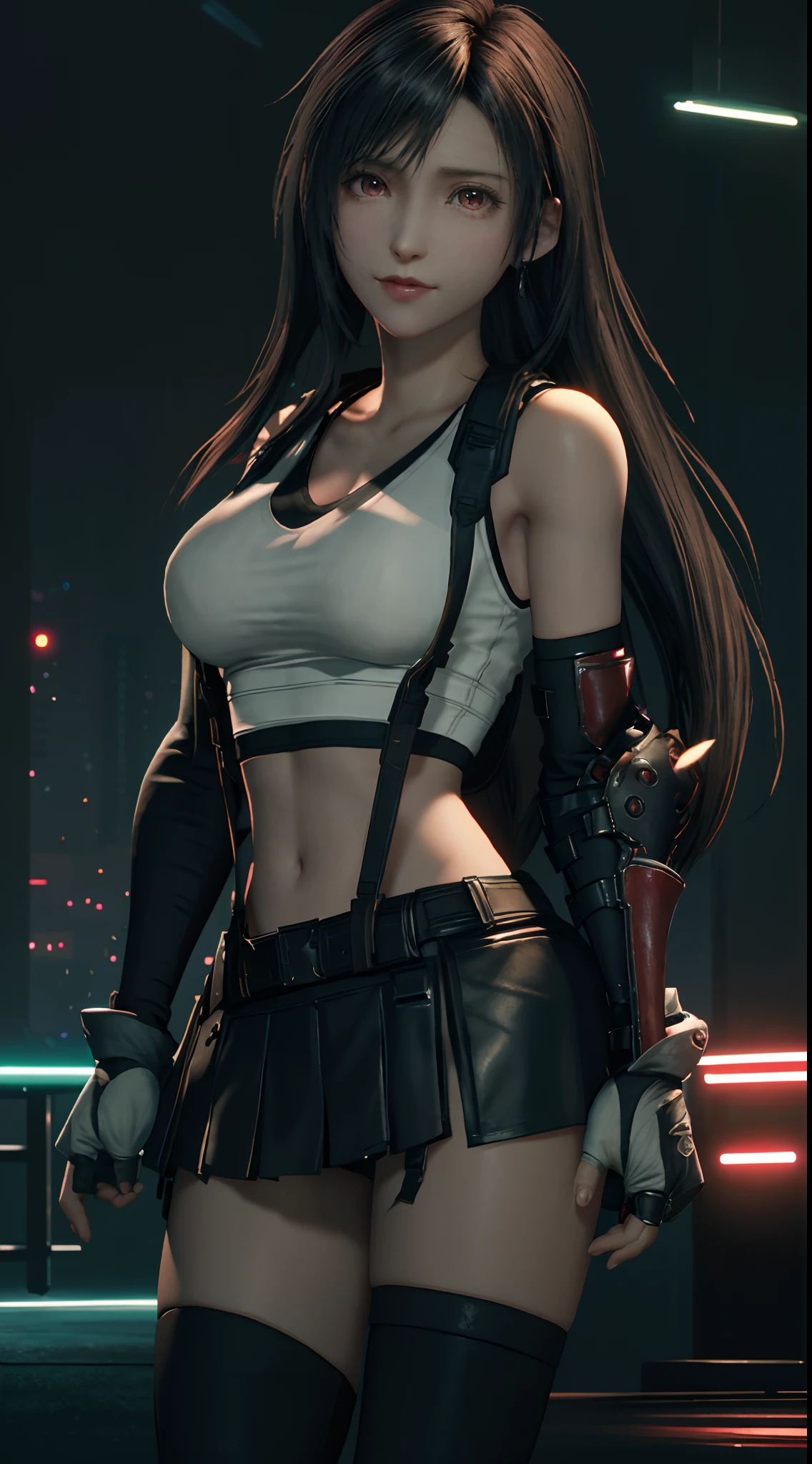 (8k, best quality, masterpiece:1.2), (realistic, photo-realistic:1.37), ultra-detailed, 1 girl,cute, solo, (tifa lockhart), (small breasts),(beautiful detailed eyes), (smile:1.2), (closed mouth), erotic pose, dancing, neon lights, cityscape, depth of field, dark intense shadows, sharp focus, cars, motion blur, motor bikes, depth of field, good composition, green glowing light, Final Fantasy VII, dating,(nose blush), single elbow pad, ankle boots, black hair, black skirt, black thighhighs, red boots, elbow gloves, elbow pads, fingerless gloves, taut shirt, sports bra, (suspender black skirt), thighhighs, white tank top, full body, head rest, lips, pretty face, low-tied long hair, ((red_eyes)), yellow flowers, (night:1.3), intricate, bokeh, cinematic lighting, photon mapping, radiosity, physically-based rendering, (Tetsuya Nomura style)