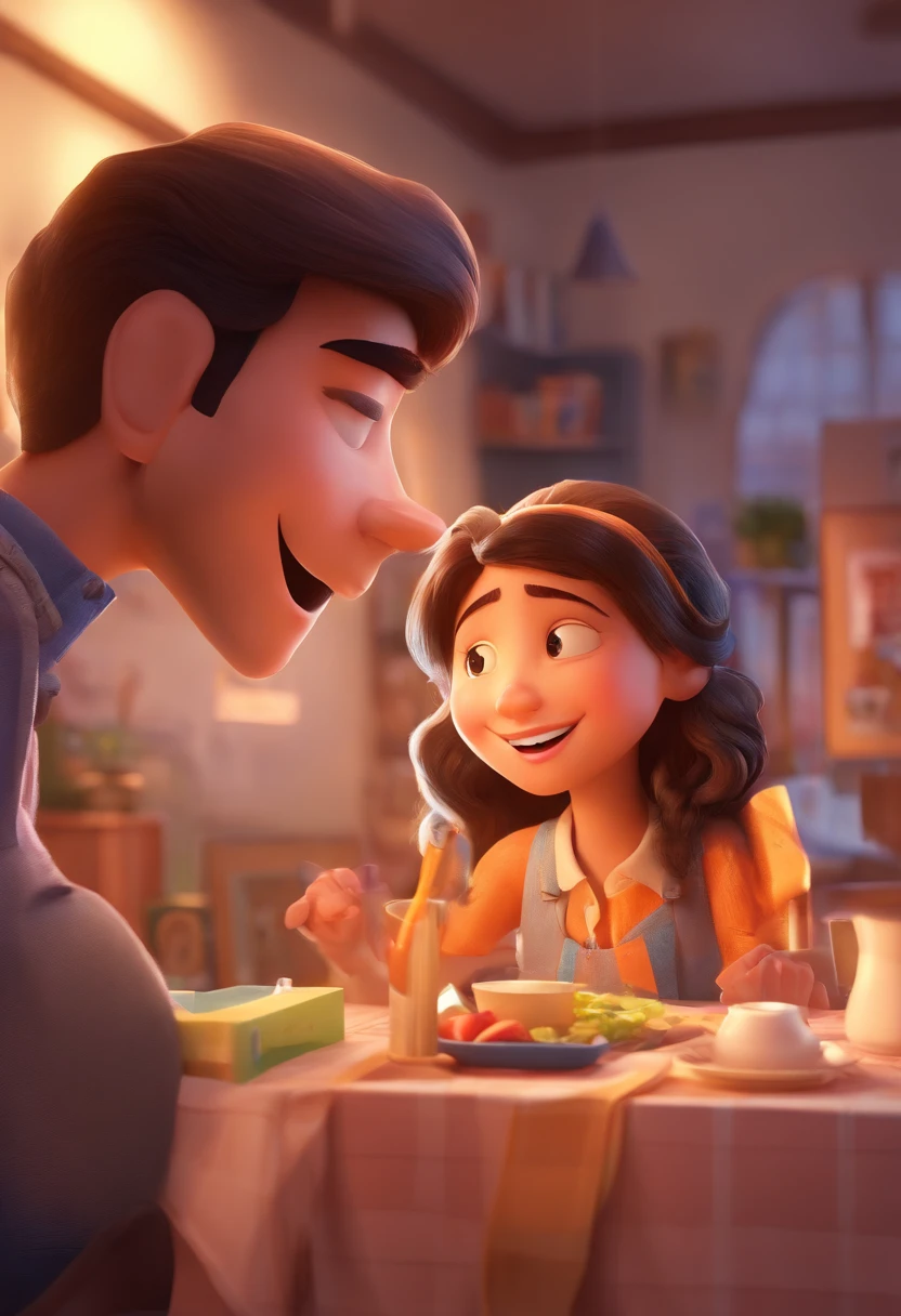 An illustration of an adorable couple, destacando um homem e uma mulher com bonito, Expressive eyes – the man's skin is black and the man's hair is bald and black, while the woman's skin is black and the woman's hair is curly and brown. They are a bright room, cada um com um sorriso no rosto, e compartilhar um momento especial caracterizado pelo amor, arroz, e insights educacionais. Illustrate this scene from a perspective where they are facing away from the camera, Showing Your Connection. Desenvolva esta arte em Full HD, Focus on your cinematic touch, Estilo Disney Pixar Animations