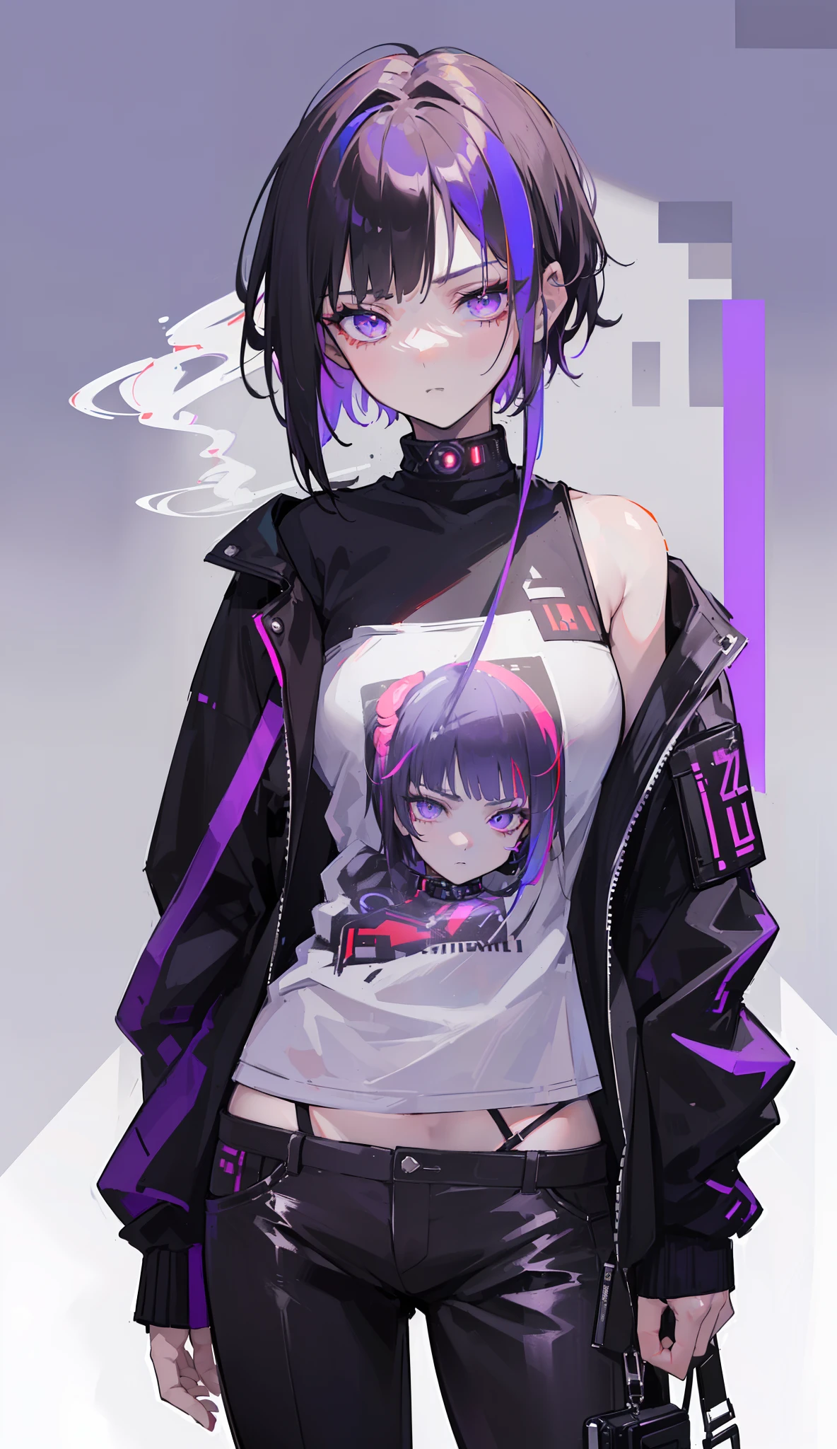 (best qualtiy, Masterpiece), (Cool handsome girl , 1girll , Solo, " Short hair girl，Mullet head，Handsome girl，It has black horns，looks into camera，Cold girl，mullet haircut，messy  hair，black long sleeves，shorter pants，Hairstyles and clothes without patterns，Cyberpunk 2077，Black and purple hair，Smoking