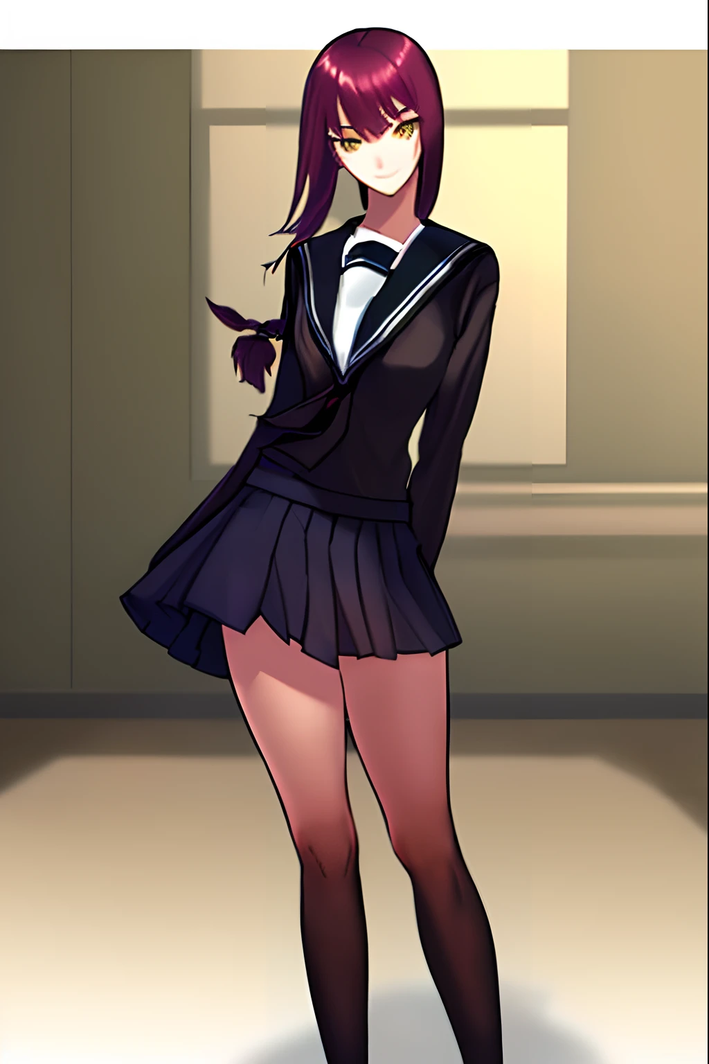 masterpiece, best quality, high quality, High definition, High quality texture, High quality shadow, high detail,1 girl,solo,tall,grown up,solo,tall,mature atmosphere,leg length,long legs,172cm,172cm tall,matured girl,two-tone hair,red purple hair,black hair,silky and smooth hair,straight hair,green eyes,smile,plain clothes,light smile,school uniform,black blazer,skirt,high school student,classroom,cool beauty,