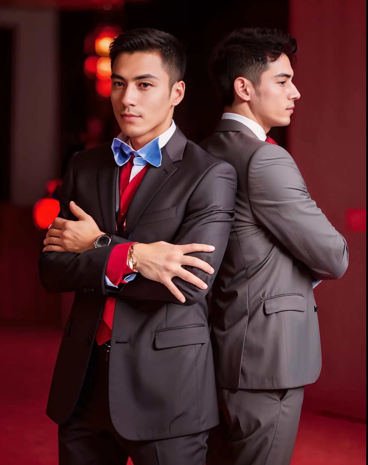 there are two men in suits standing next to each other, fazendo uma pose elegante, dancing in the background, terno e gravata, in an action pose, cara usando o terno roxo fantasia, usando terno e gravata, vestindo um terno masculino colorido, usando terno e gravata, usando terno e gravata, pose elegante, vestindo um terno preto e vermelho