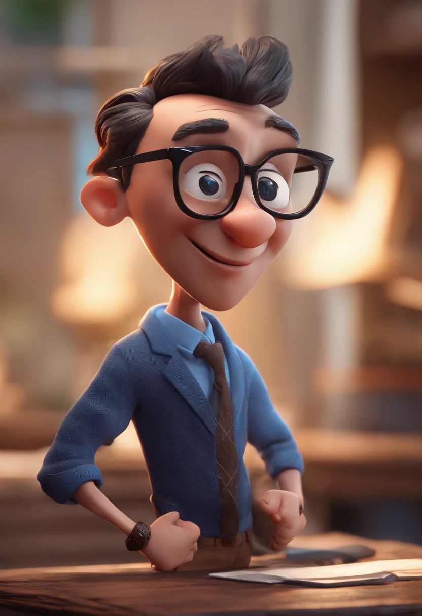Cartoon character of a man with black glasses and a blue shirt, animation character, Caractere estilizado, animation style rendering, 3D estilizado, Arnold Maya render, 3 d render stylized, toon render keyshot, Personagem 3D, Personagem 3D, 3d rendering stylized, 3 d character render, personagem de desenho animado, Personagem de close up, Pose de personagem,  (Estilo Pixar) (master part:1.2) (Bokeh) (best quality) (pele detalhada) (textura detalhada) (8k) (argila) (Cinematic lighting) (foco nítido