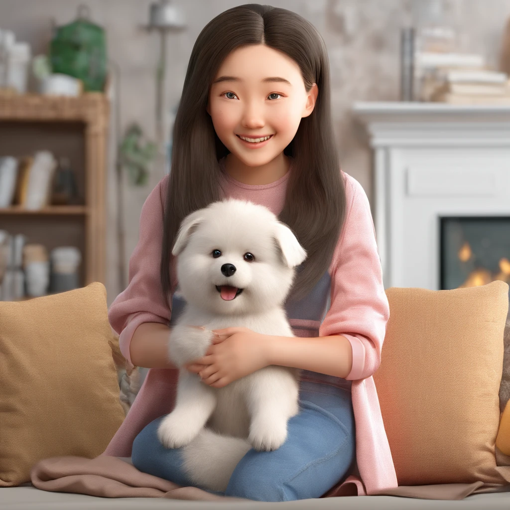 Sossô is a smiling 9-year-old human girl com sua fiel amiga, Lola, White german spitz dog on her lap