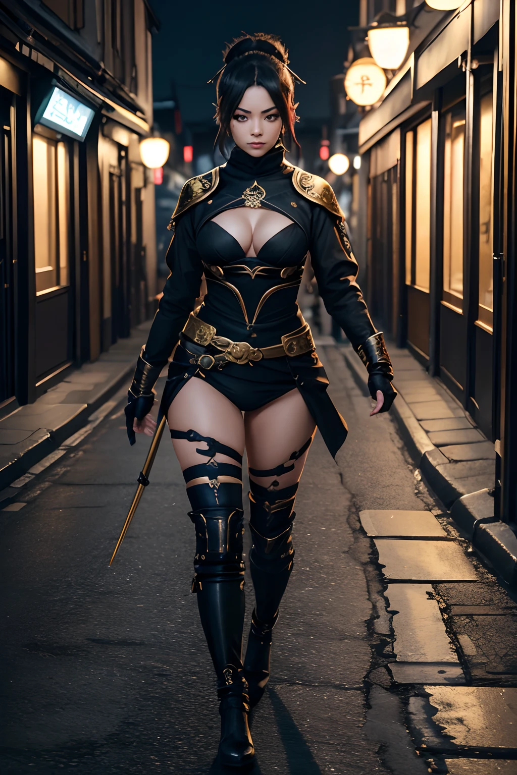 8K-Hintergrundbild eines geheimnisvollen, Gorgeous masked kunoichi ninja with eyeliner and gold jewelry in the streets of a dark, verschneiten Stadt in Russland , von Artgerm , komplizierte Details , Trend auf Artstation , 8K , fluid movement , atemberaubende Schattierung , von Wlop