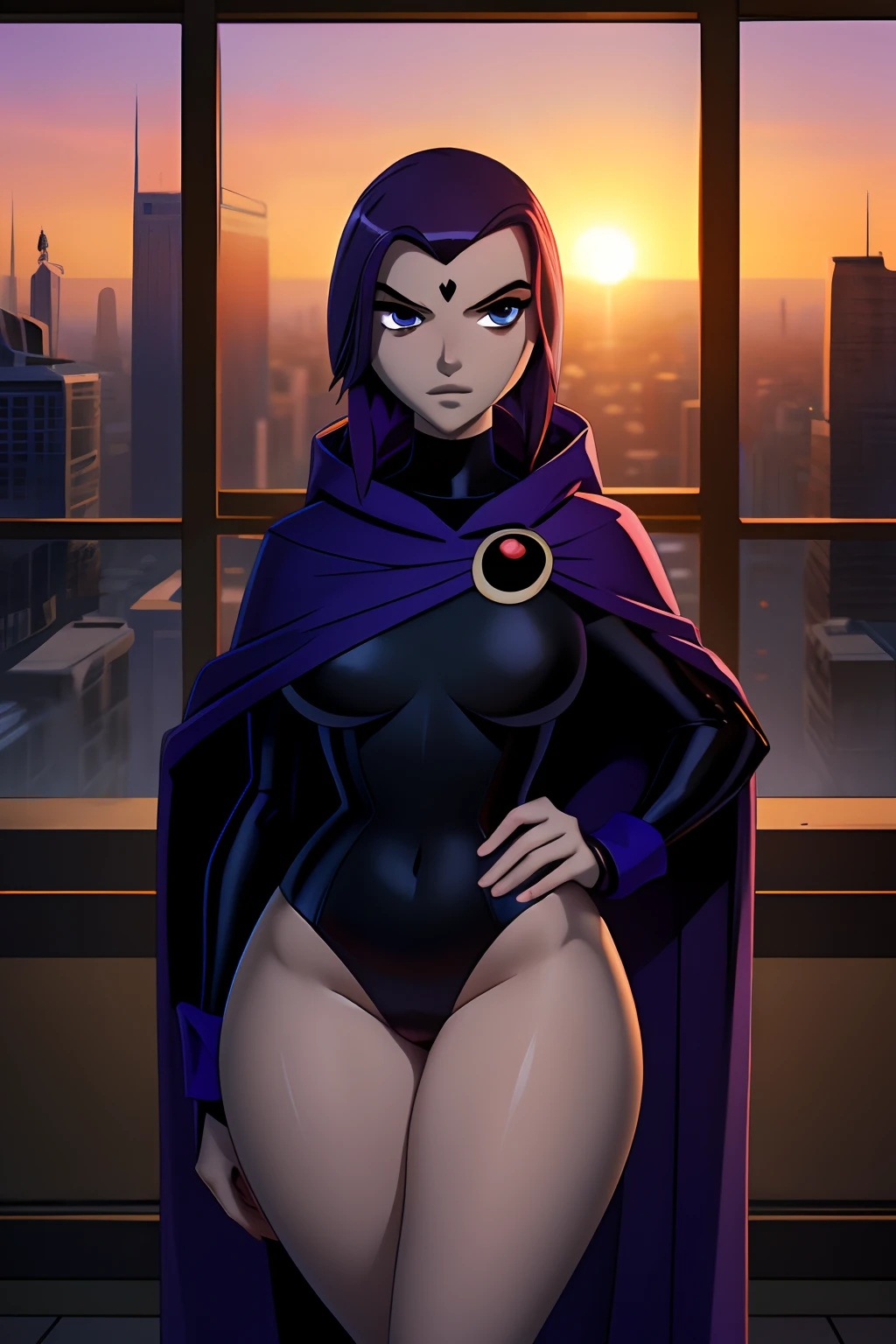 DC Character, Raven, dark violet hair, Beautiful cute face, Innocent, Charming, calm expression on his face, Facing the camera, grey skin, Skin color-grey, Body glare, ((pretty eyes)), dark purple eyes, ((Perfect Sexy Figure)), Ideal body shapes, big thighs, ((Subtle and beautiful)), ((Raven Apparel, Hero's Cloak)), Sexually seductive standing position, Full-length, background: Futuristic room in purple tones in window sunset and city, Depth of field, ((ultra quality)), ((tmasterpiece)), clear image, crisp details, Realistic, Professional Photo Session, Clear Focus, the anime, Colorfully drawn