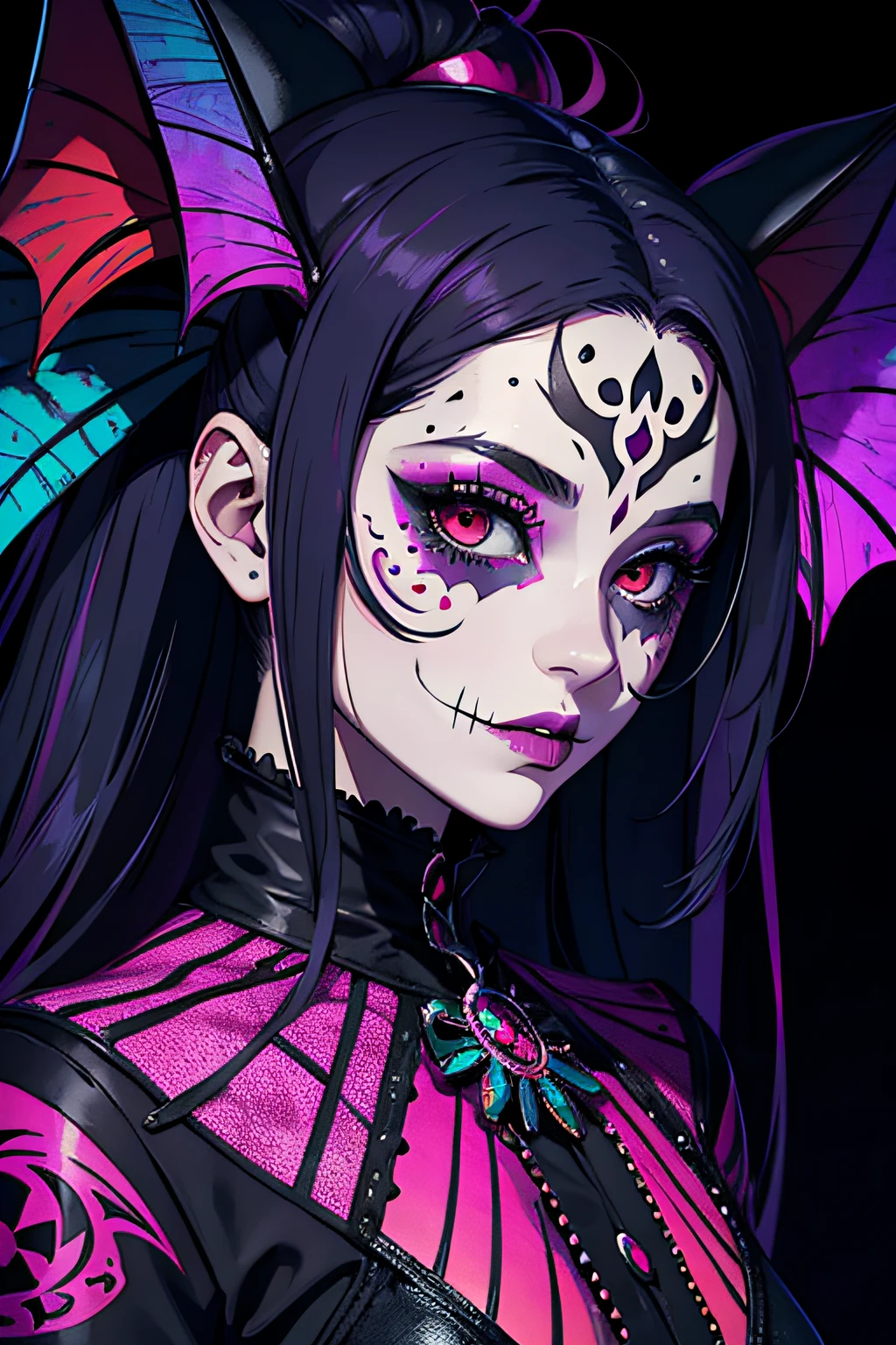 A psychedelic female vampire's head made up for Day of the Dead, it's very colorful and detailed and textured. the colors are psychedelic and flashy. the background is blurred as if there was digital interference