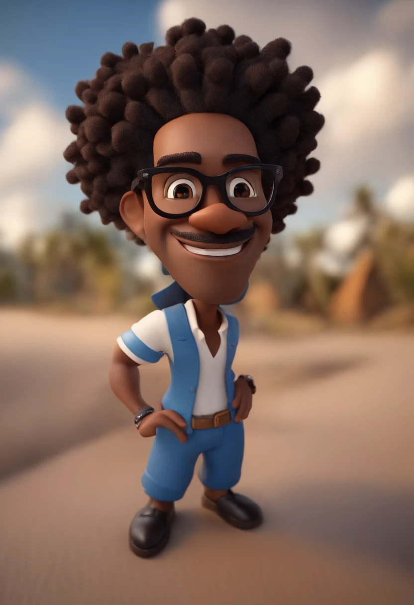 Cartoon character of a middle-aged black man with long hair dreadlocks and pinned behind with black glasses and a blue shirt, animation character, Caractere estilizado, animation style rendering, 3D estilizado, Arnold Maya render, 3 d render stylized, toon render keyshot, Personagem 3D, Personagem 3D, 3d rendering stylized, 3 d character render, personagem de desenho animado, Personagem de close up, Pose de personagem, (Estilo Pixar) (master part:1.2) (Bokeh) (best quality) (pele negra detalhada) (textura detalhada) (8k) (argila) (Cinematic lighting) (foco nítido