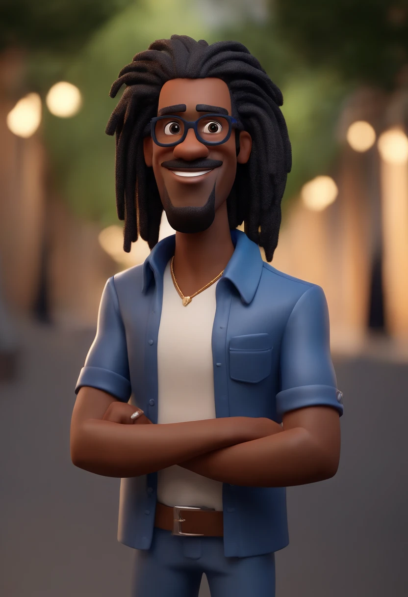 Cartoon character of a middle-aged black man with long hair dreadlocks and pinned behind with black glasses and a blue shirt, animation character, Caractere estilizado, animation style rendering, 3D estilizado, Arnold Maya render, 3 d render stylized, toon render keyshot, Personagem 3D, Personagem 3D, 3d rendering stylized, 3 d character render, personagem de desenho animado, Personagem de close up, Pose de personagem, (Estilo Pixar) (master part:1.2) (Bokeh) (best quality) (pele negra detalhada) (textura detalhada) (8k) (argila) (Cinematic lighting) (foco nítido