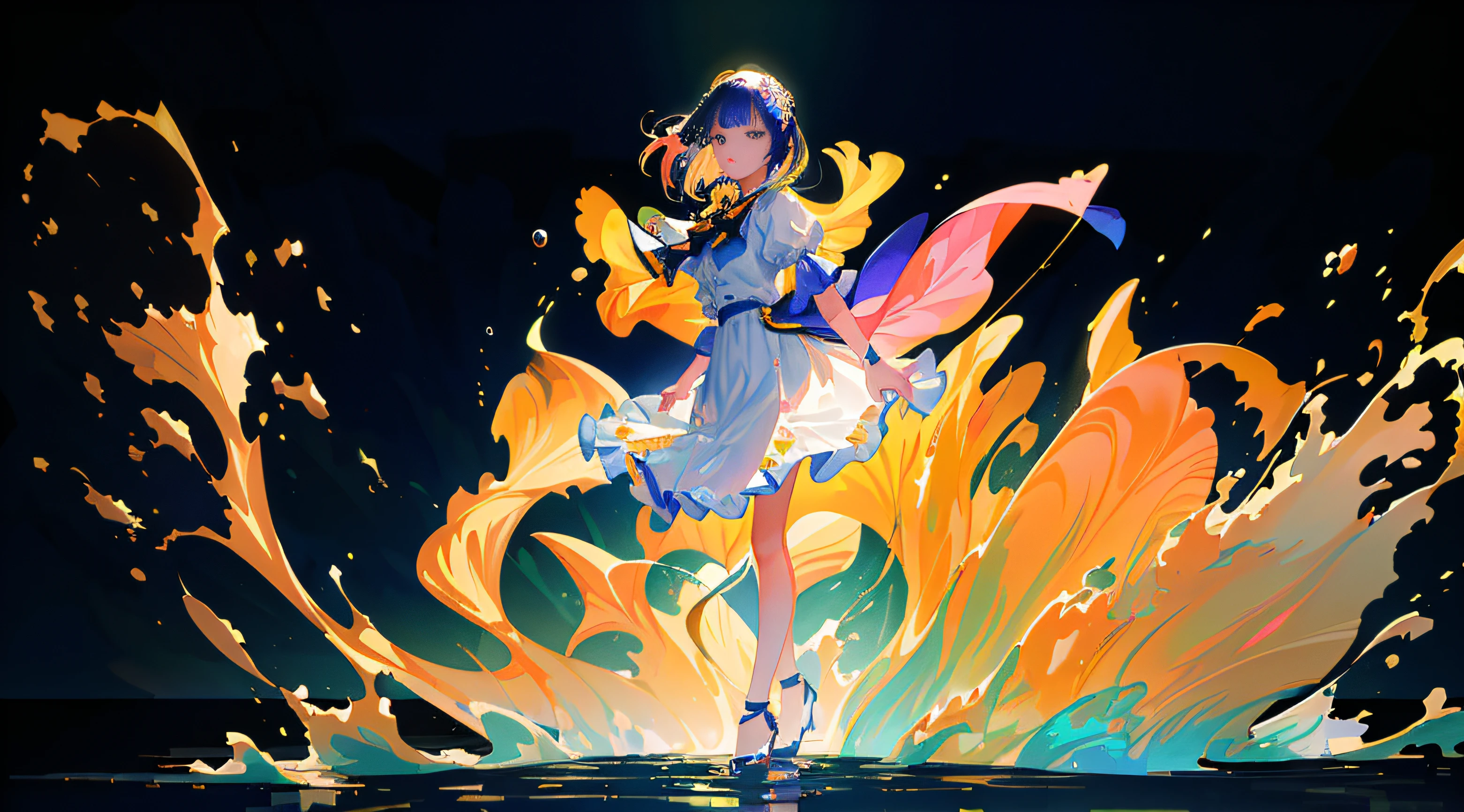 (masterpiece), (best quality), (super detailed), (illustration), (1girl), (fashionable clothing), standing, mannequin, looking at viewer, (interview), (simple background), beauty of beauty, ( Highlight and degree), (colorful water splash), colorful bubbles, (shiny), focus face,