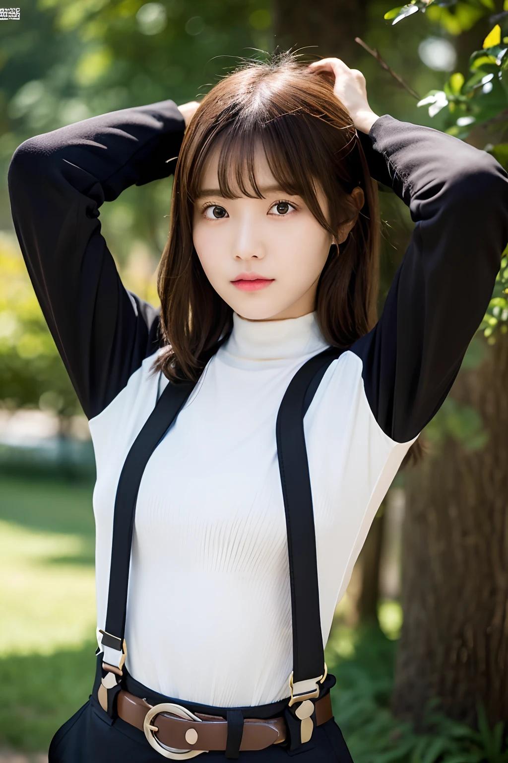 masterpiece、flat-colors、depth of fields、lens flare 1 girl、、Brown hair、watching at viewers a belt black suspenders large full breasts Armpit sweat perspiring Side of both hands walls: Black pants, Black jacket holster arm Leg holster arma Gaze Small face Bangs Upper Eyes