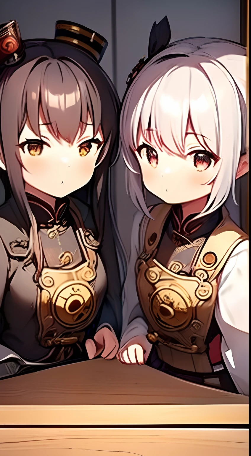 steampunkai。Beautiful。 (masutepiece:1.2)。(Best Quality:1.2)。Perfect face。((Two Girls 1.5))。Japan schoolgirl in steampunk style。Eat a steampunk street food hot dog。Chatting。Paper cups on the counter。The background is a wooden labyrinth passage in a steampunk style。