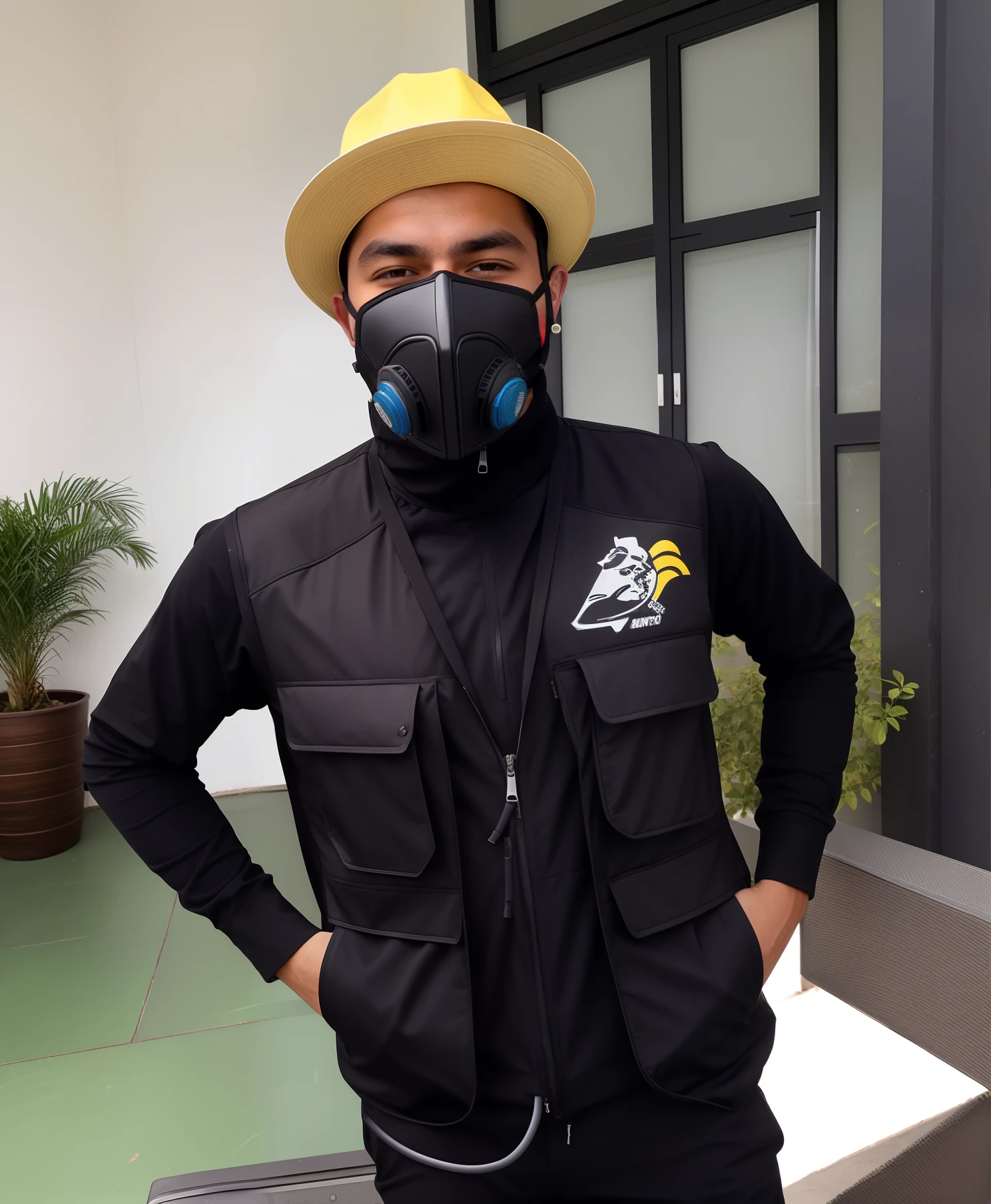 Obra prima de melhor qualidade, Man wearing mask and hat in front of a suitcase, vestindo roupas espaciais, model is wearing techtical vest, wearing all black mempo mask, vestindo demobaza fashion, vestindo roupas urbanas, inspirado em Zvest Apollonio, vestindo jaqueta cyberpunk 2 0 7 7, vestido de provador, Wearing a Doctor's Mask, no parque