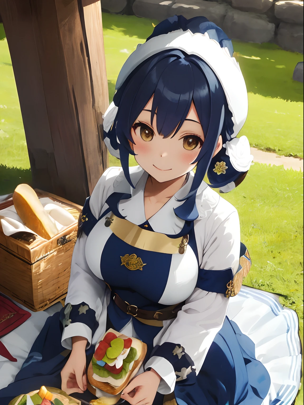 twinsies,Chiquita,Two-tone hair in white and navy blue,Colored leaves,Medieval European style,Ready Style,Fluffy and fluttering clothes,Stylish atmosphere,eat a sandwich,a smile,Fun picnic,busy,The sun is shining