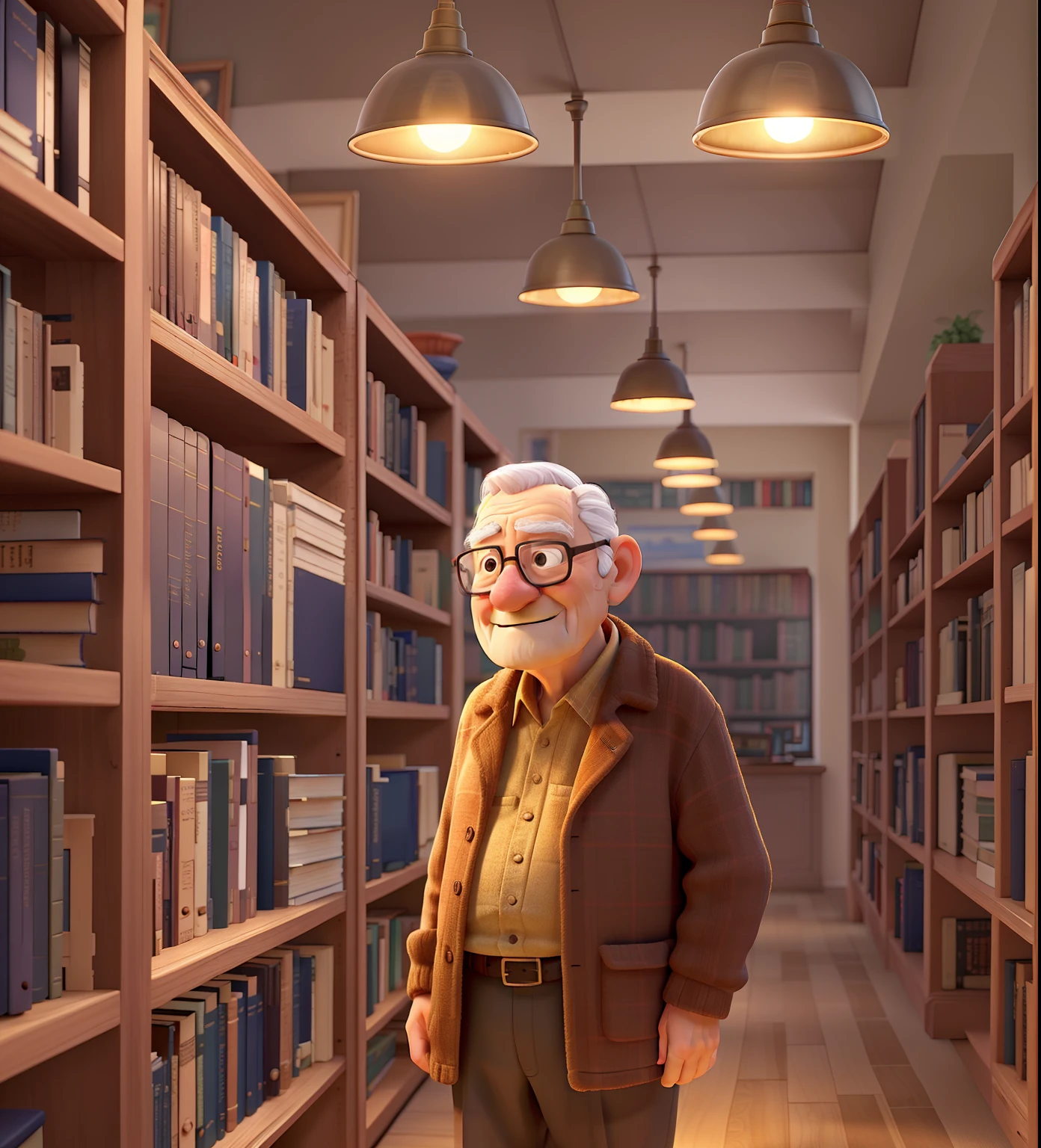 A wise old man standing in front, illuminated by the light of a lamp, against the backdrop of a library