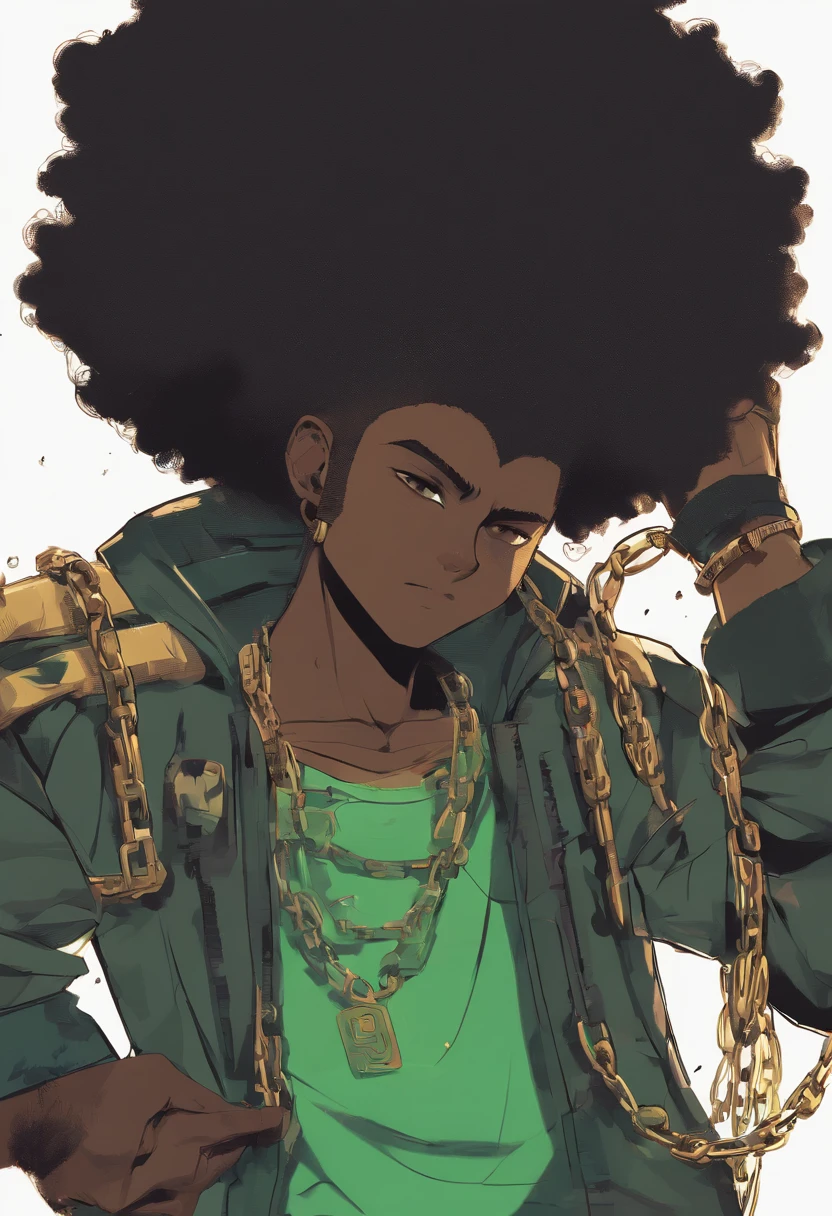 (foco frontal),Anime - style illustration of a boy with an oversize green tank top and chain around his waist, "(best quality,ultra-detalhado),detailed right hand,(Luva sem dedos,Gloved hands),anime afrofuturismo | |, personagem de anime masculino, Fundo da cidade, Sunset gradient background, Corte de cabelo desbotado, Adolescente negro, Jovem afro-americano