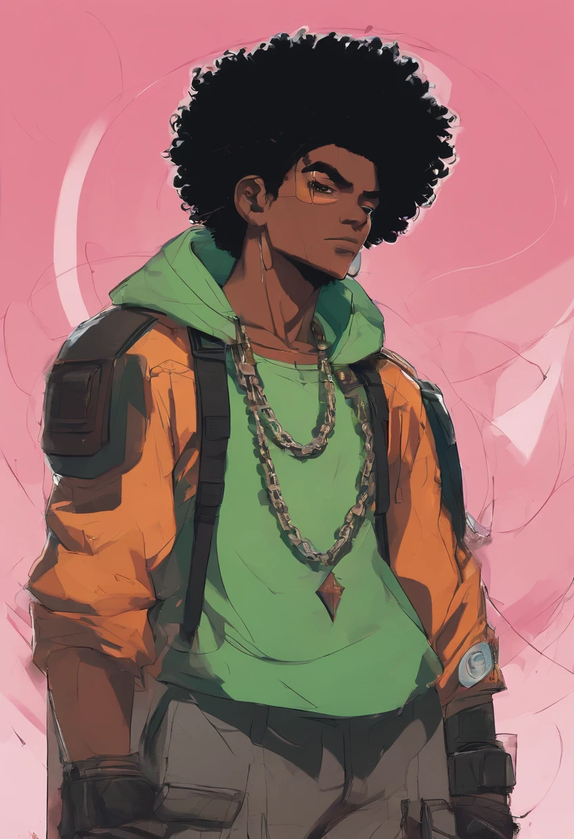 (foco frontal),Anime - style illustration of a boy with an oversize green tank top and chain around his waist, "(best quality,ultra-detalhado),detailed right hand,(Luva sem dedos,Gloved hands),anime afrofuturismo | |, personagem de anime masculino, Fundo da cidade, Sunset gradient background, Corte de cabelo desbotado, Adolescente negro, Jovem afro-americano