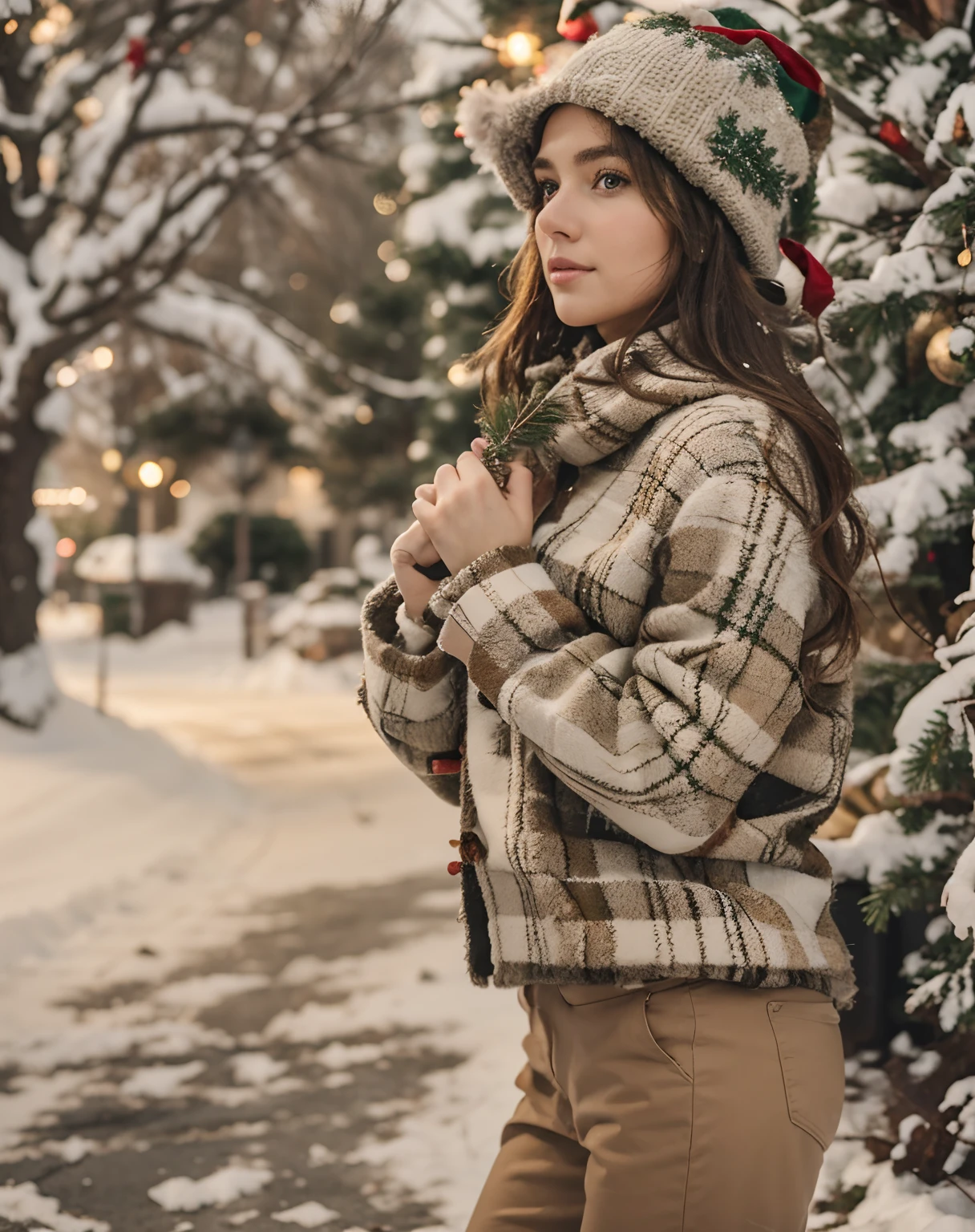 It's winter outside, New Year, handsome girl, Holding Christmas tree branches in your hands