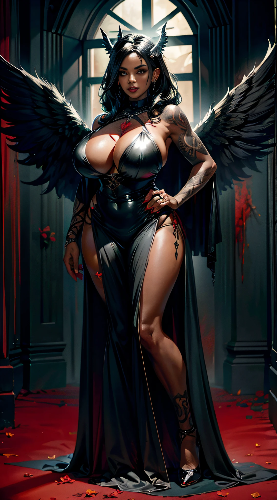 Magic, Angel, Fallen Angel, Black Angel, Big Wings, Black Feather, big natural , leaning forward, showing large cleavage, Darkness, Evil Creature, Skull, Black Thorn Hair Ornament, Blood Red Roses, Dark Red Clothes, Black Crown, tattoos in full body