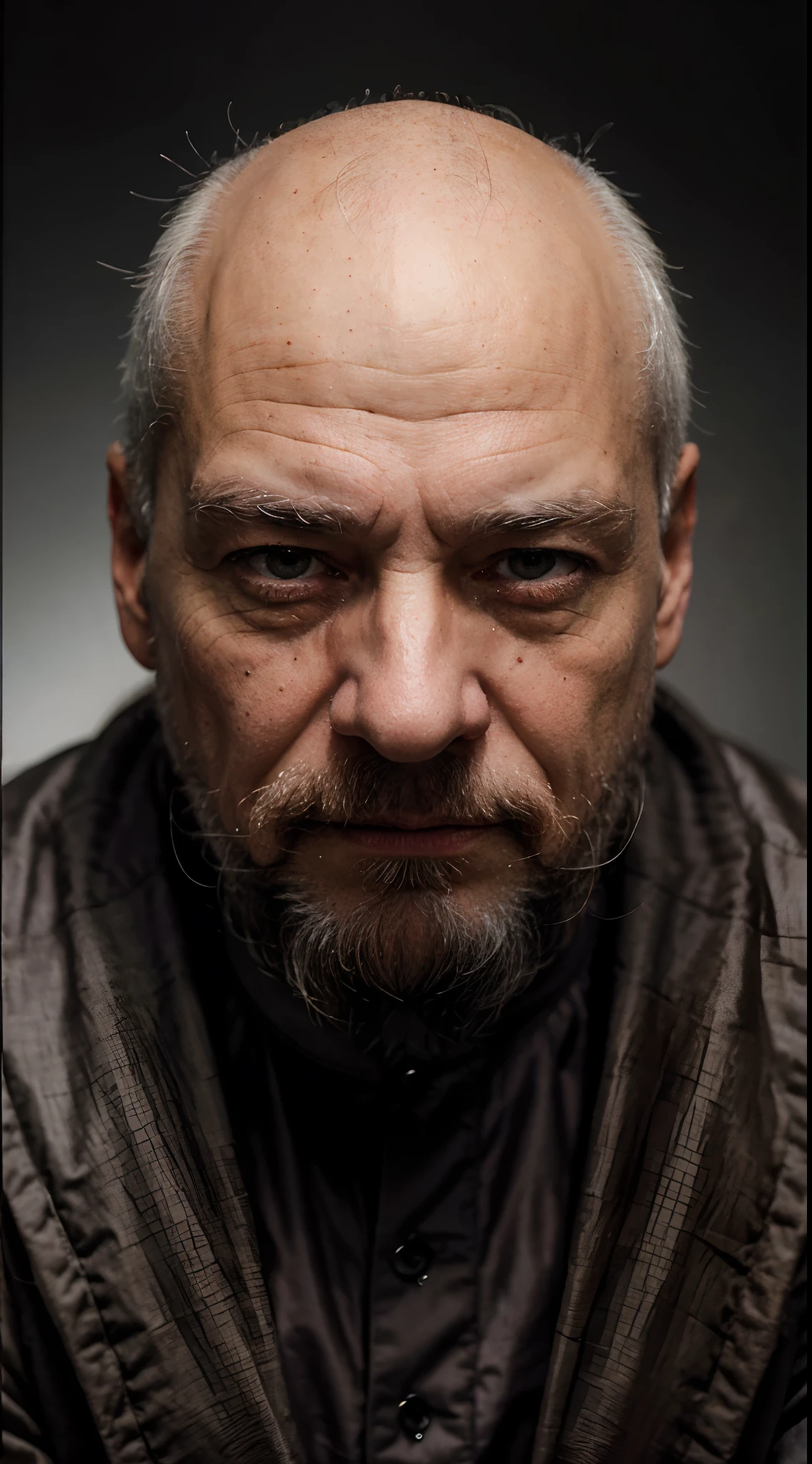 (best quality,highres:1.2),vivid colors,sharp focus,ultra-detailed,extremely detailed eyes,wrinkles,beard,white hair,vintage,wise expression,wisdom,experienced,aged face,distinguished,bald head,traditional,dark background,soft lighting,studio portrait
