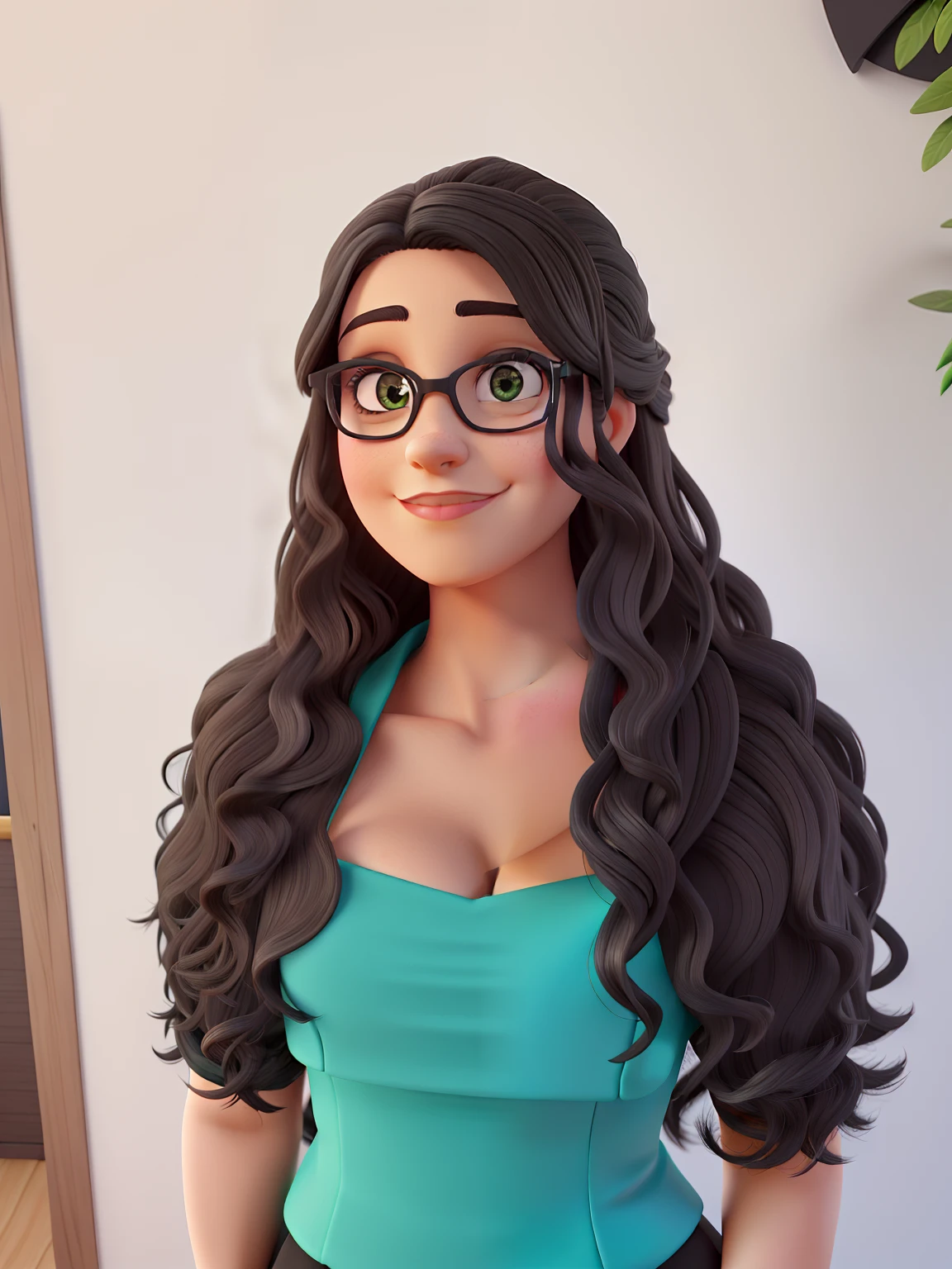 Uma mulher advogada, jovem, Serious, Chic and wise, com cabelo longo e liso escuro, olhos na cor preta, olhos esbugalhados e boca grande, with black dress pants, blusa preta e brazer verde bandeira, of prescription glasses with brown frame with ounce, salto alto preto, In a fancy law firm.