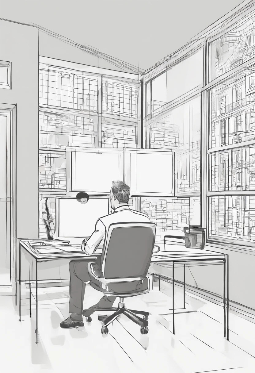 Middle-aged man, Sitting at a laptop, which stands on the table. On the background is the wall of a room with a poster "Millions on AI"