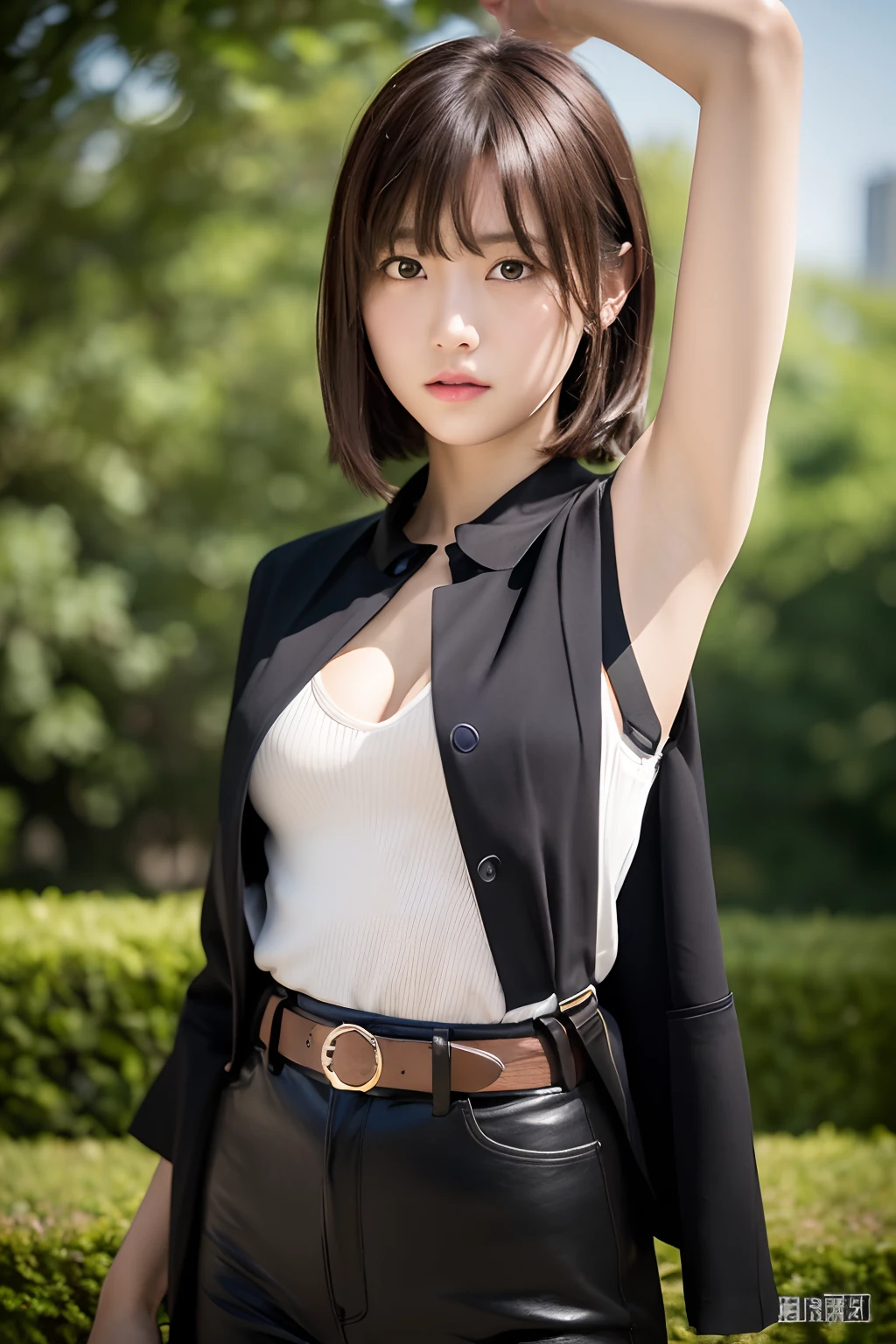 masterpiece、flat-colors、depth of fields、lens flare 1 girl、、Brown hair、watching at viewers a belt black suspenders large full breasts Armpit sweat perspiring Side of both hands walls: Black pants, Black jacket holster arm Leg holster arma Gaze Small face Bangs Upper Eyes