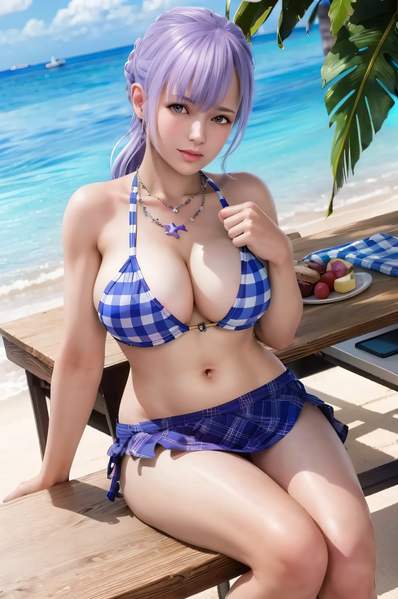 fiona, bikini, skirt, picnic table, necklace, sitting