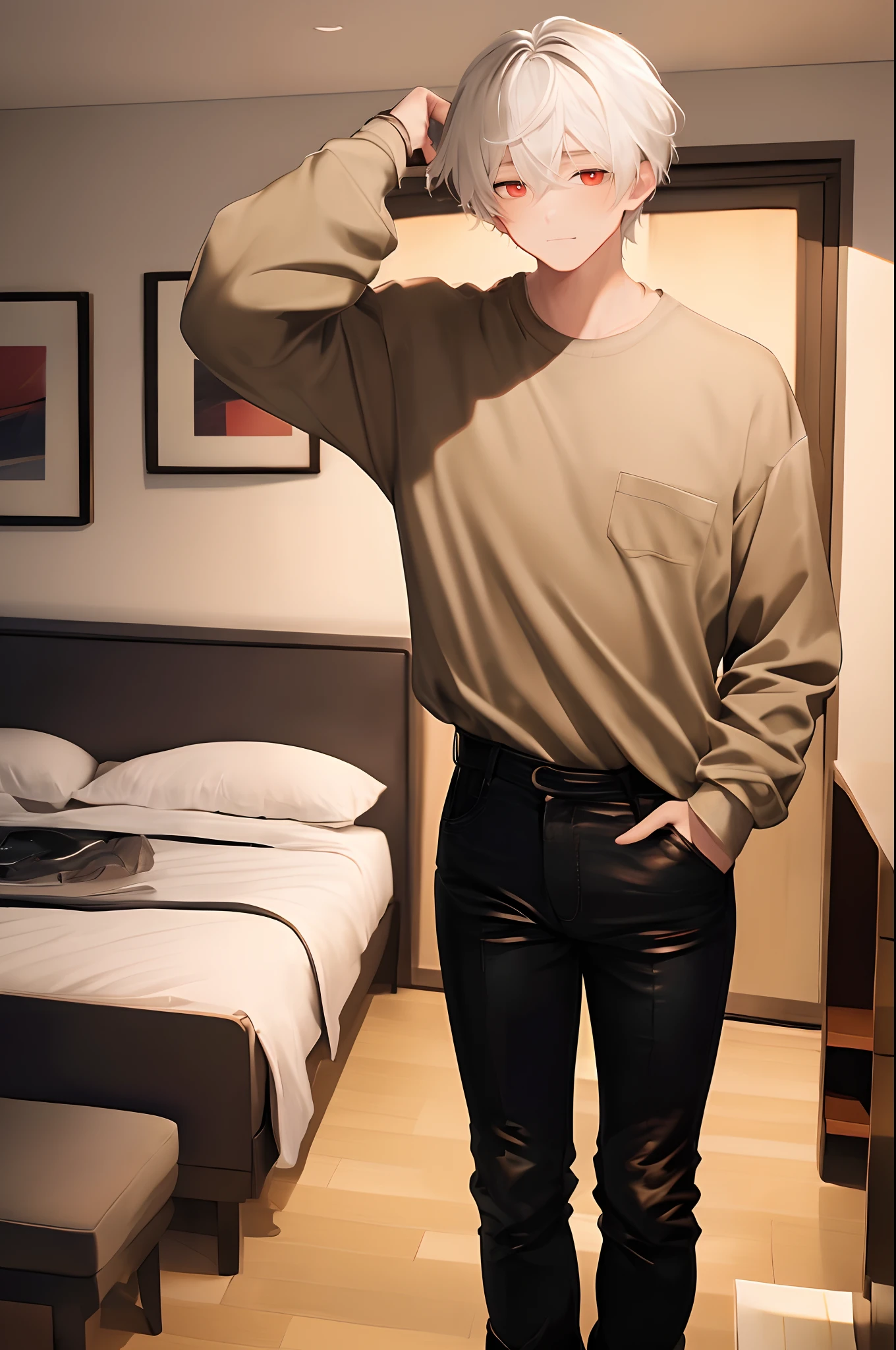 (4K works))、masterpiece、(top-quality)、((Black and white bedroom))、Korean Male、Adult male、((Adult 50 years old))、((Adult uncle type))、((Leather Jeans Style))、((Face similar to Hyunjin))、Cool Men、tall、((Gentle face))、((Cool werewolf fashion in black))、((Long sleeve long trouser style))、((Smaller face))、Slim body、((Uncle))、((white hair))、((white short-haired))、((Red Eyes))、((shot from front))、((Shot alone))、((Solo Photography))、Professional Photos、((Reach out to your audience))、((He's working in the room))、((dad bod))、