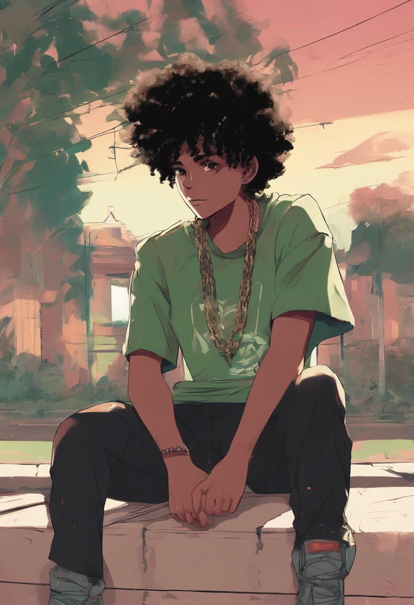 (foco frontal),Anime - style illustration of a boy with an oversize green tank top and chain around his waist, "(best quality,ultra-detalhado),detailed right hand,(Luva sem dedos,Gloved hands), | | |, personagem de anime masculino, Fundo da cidade, Sunset gradient background, Corte de cabelo desbotado, Adolescente negro, Jovem afro-americano