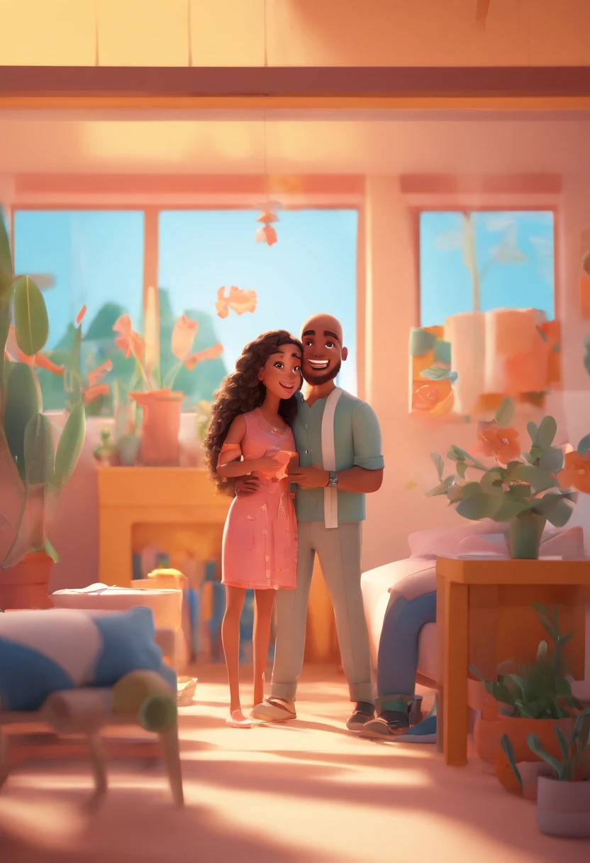An illustration of an adorable couple, destacando um homem e uma mulher com bonito, Expressive eyes – the man's skin is black and the man's hair is bald and black, while the woman's skin is black and the woman's hair is curly and brown. They are a bright room, cada um com um sorriso no rosto, e compartilhar um momento especial caracterizado pelo amor, arroz, e insights educacionais. Illustrate this scene from a perspective where they are facing away from the camera, Showing Your Connection. Desenvolva esta arte em Full HD, Focus on your cinematic touch, Estilo Disney Pixar Animations