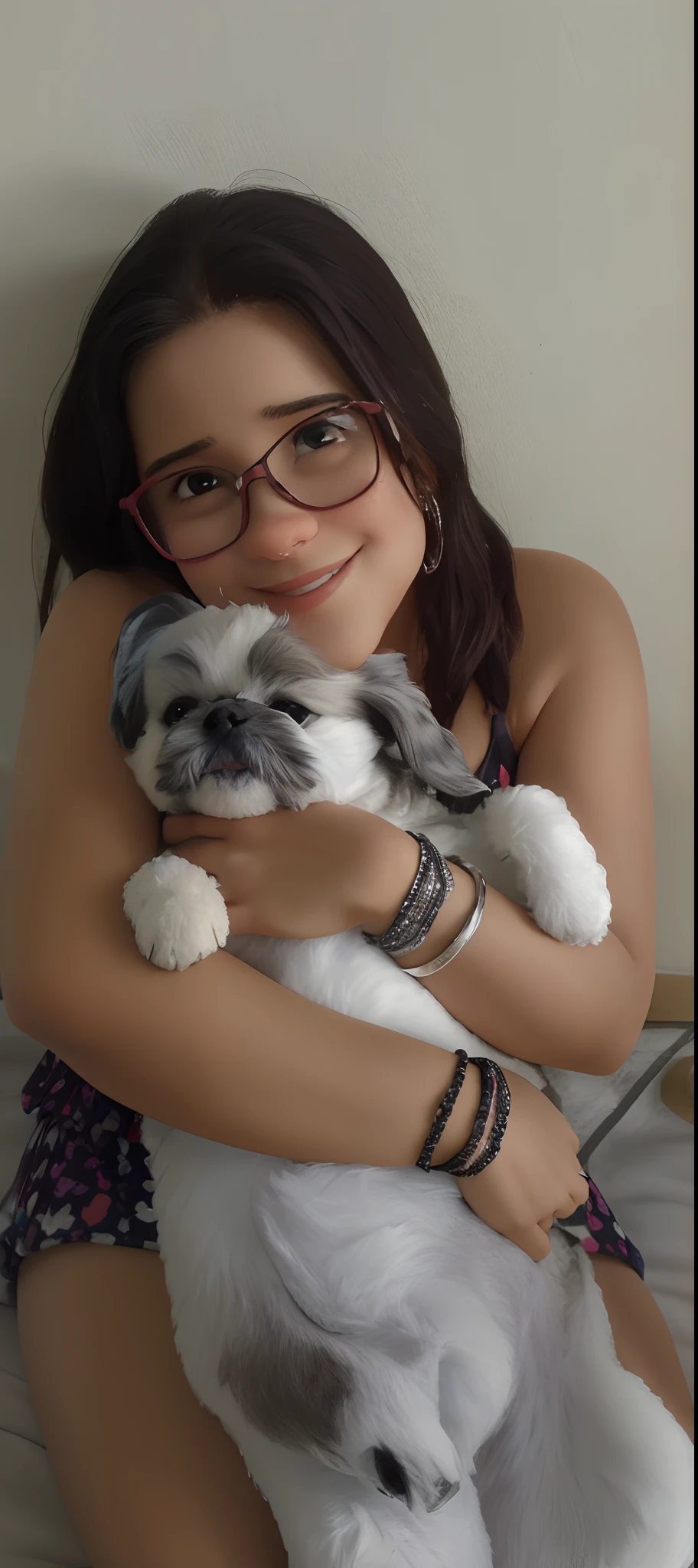 Arafed woman in a bikini holding a small dog on a bed, Directed by: Nandor Soldier, Shih Tzu, Directed by: Willian Murai, by Amelia Peláez, 3 5 year brazilian mother, fernanda suarez, Malika Favre, muito muito muito bonito!!, Directed by: Samuel Silva, Directed by: Luis Miranda, Directed by: Felipe Seade
