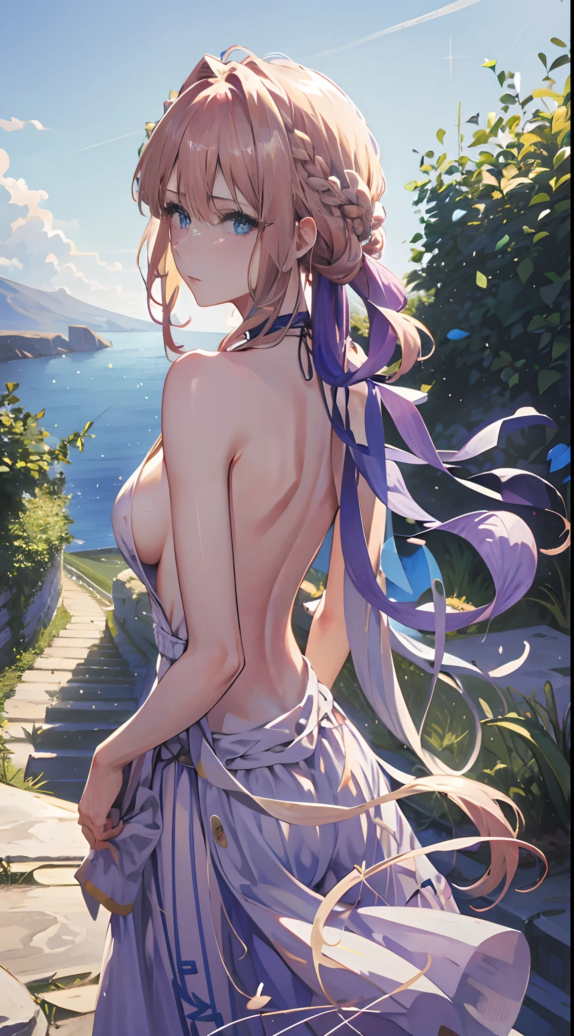 Violet, 1girll, Solo, view the viewer, Blue eyes, Blonde hair, (((Greek clothes))),,((((Bare back)))),(((looking at viewert))),(((Blue sky)))(((Large breasts)))