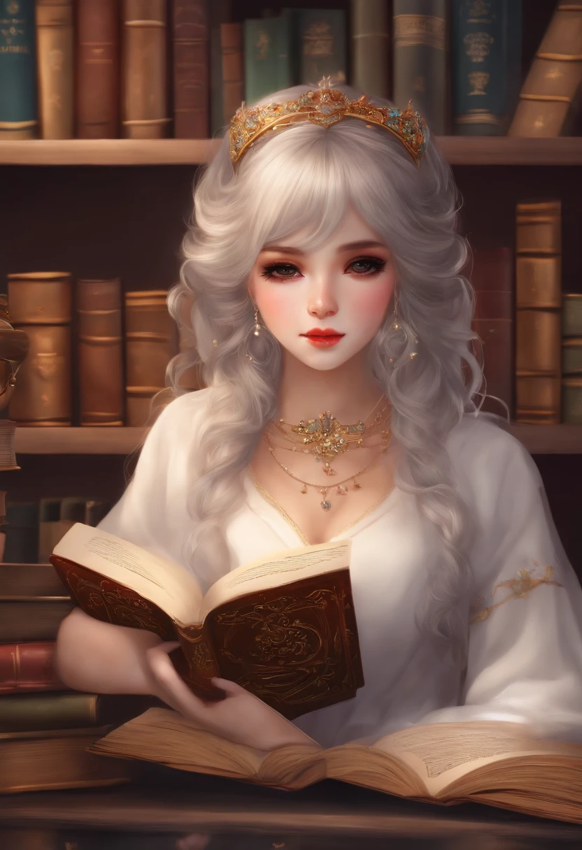 ((master part,best quality))1girl, sozinho, estante, pilha de livros, Suzuno, dentro, ornamento de cabelo, Yuina, olhos vermelhos,